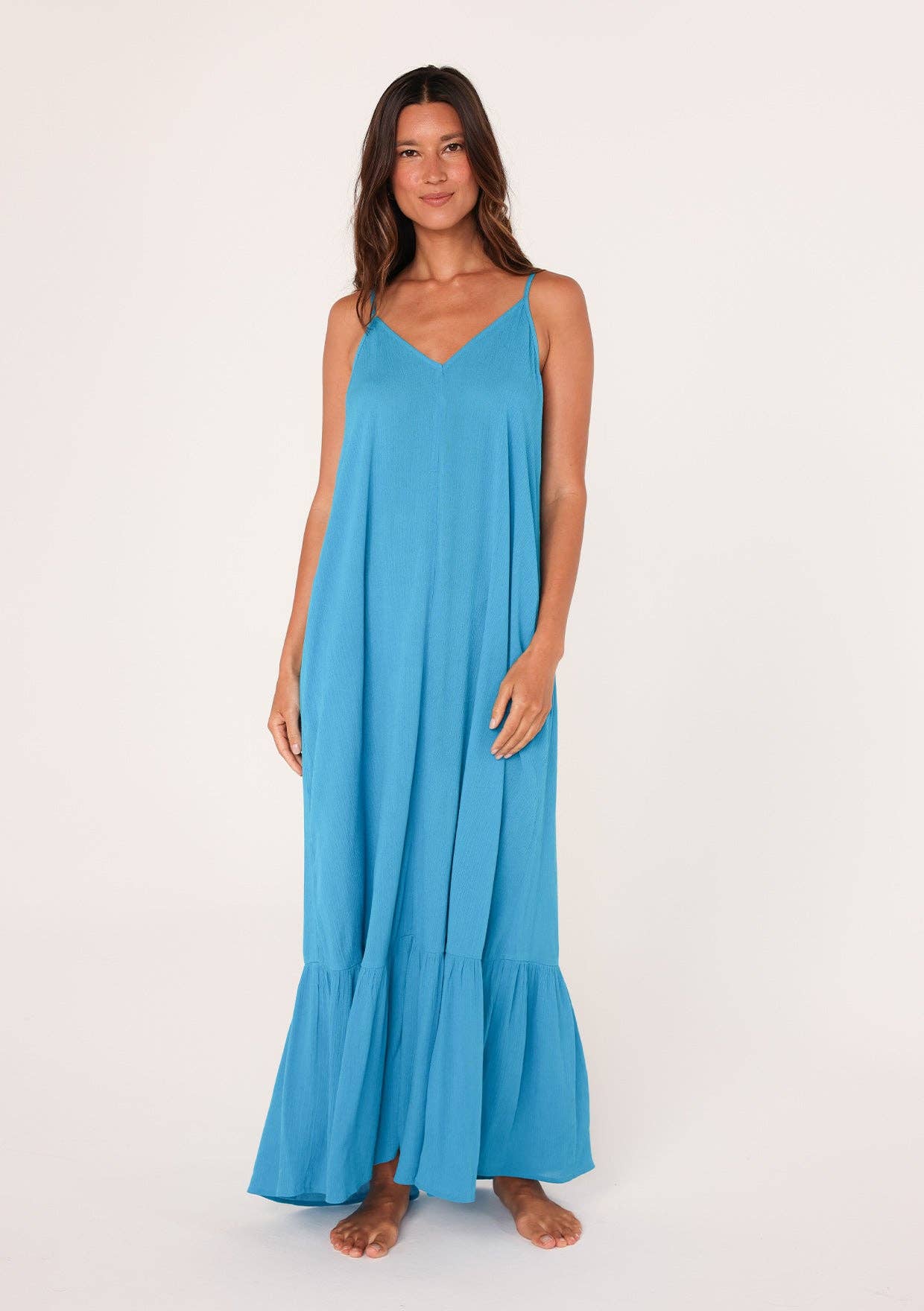 Billowy Bohemian Sleeveless V-Neck Maxi Dress: Turquoise / M/L