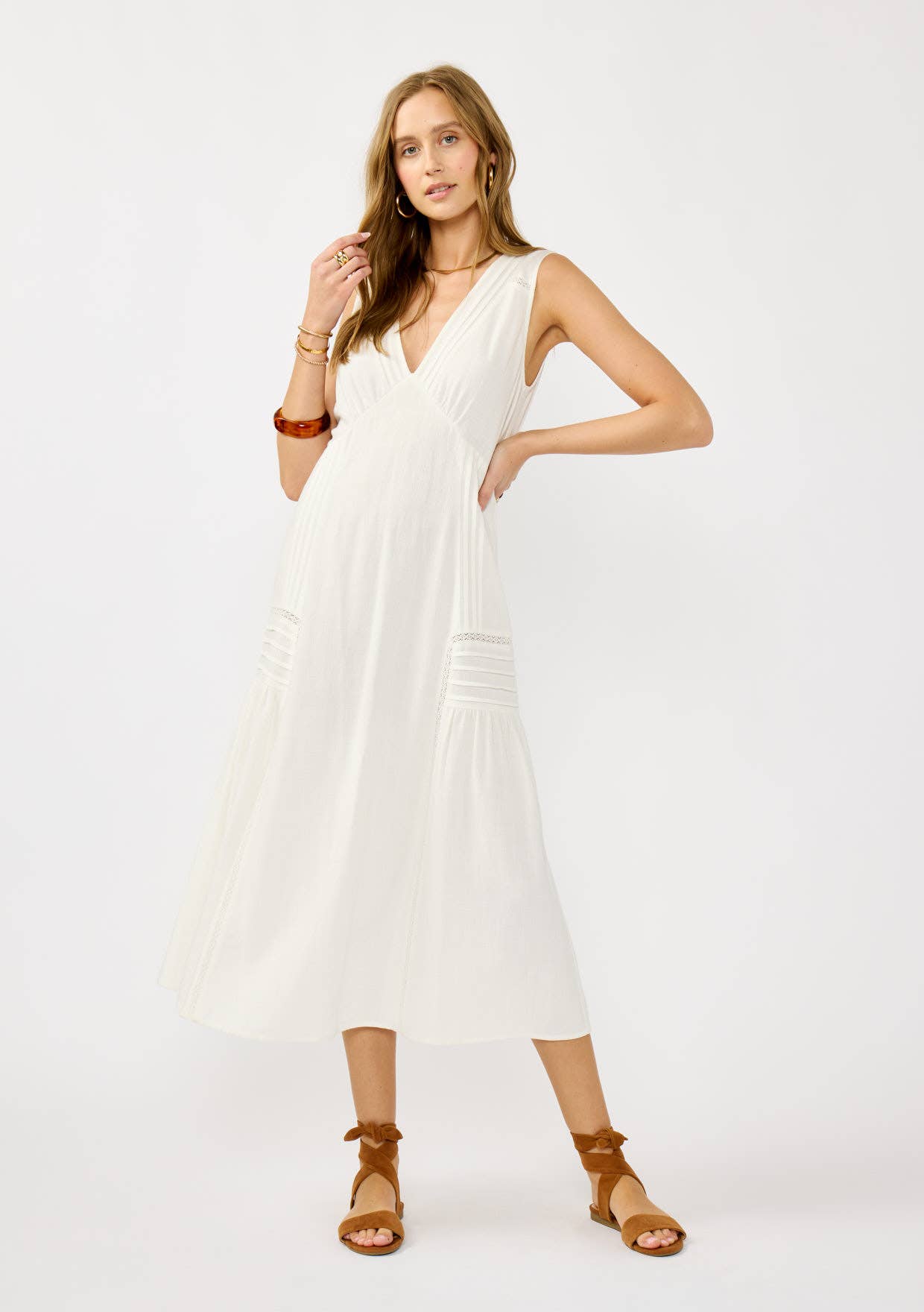Lace Detail Linen Blend Midi Dress • White