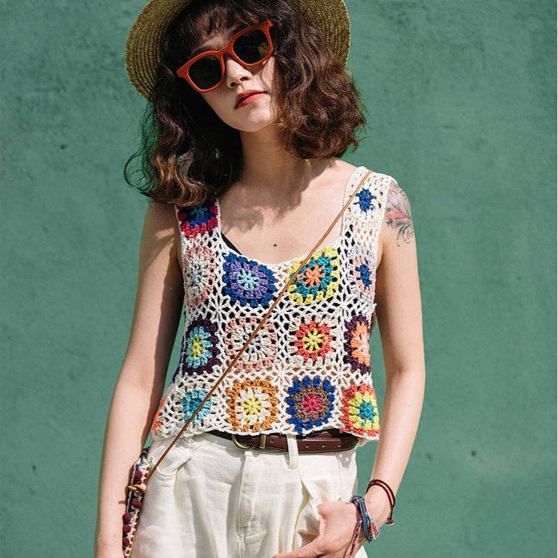 Boho Crochet Squares Tank Natural