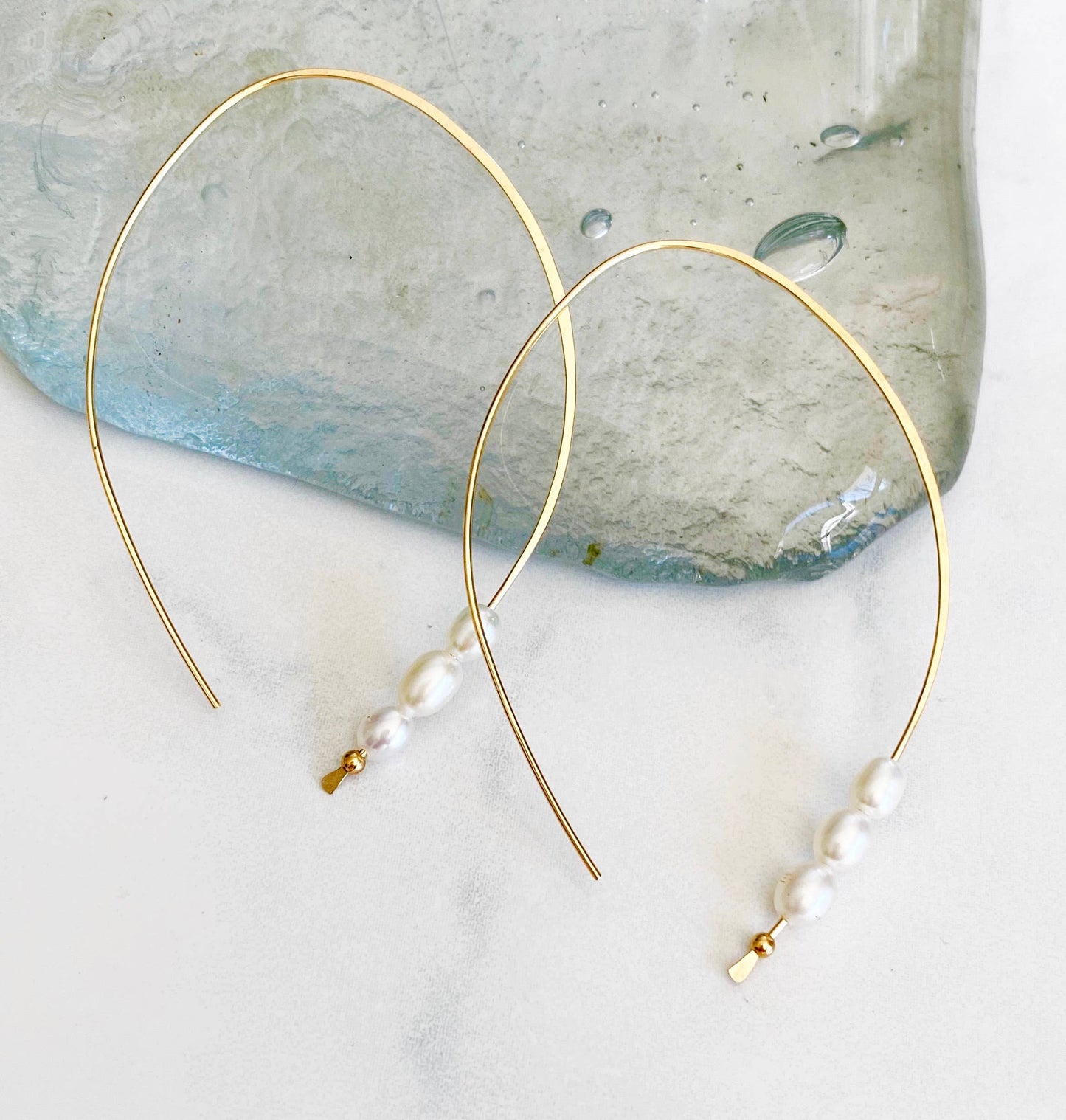 Modern Pearl Open Hoop Earrings • Gold Fill