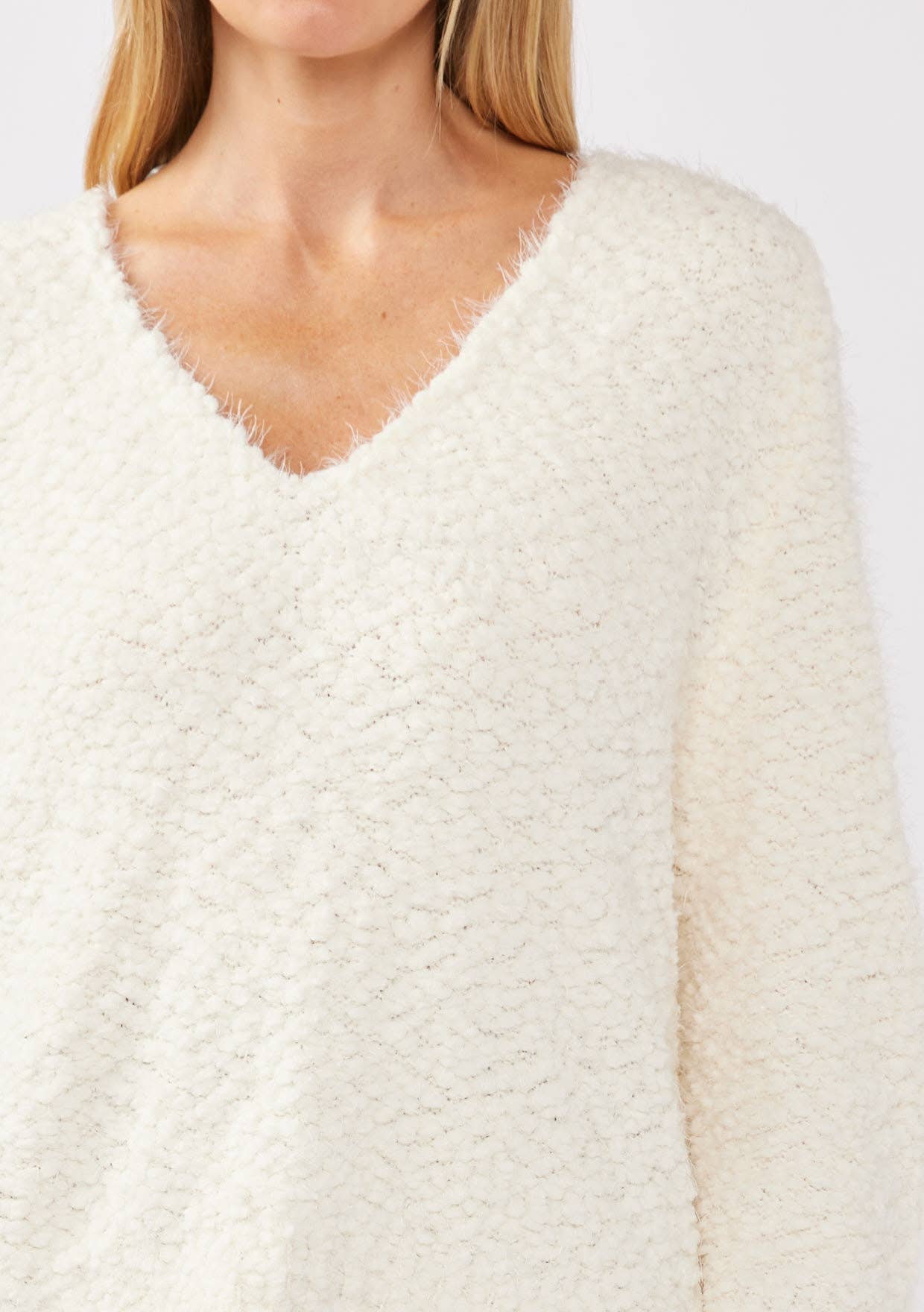 Fuzzy V-neck Pullover Sweater • White