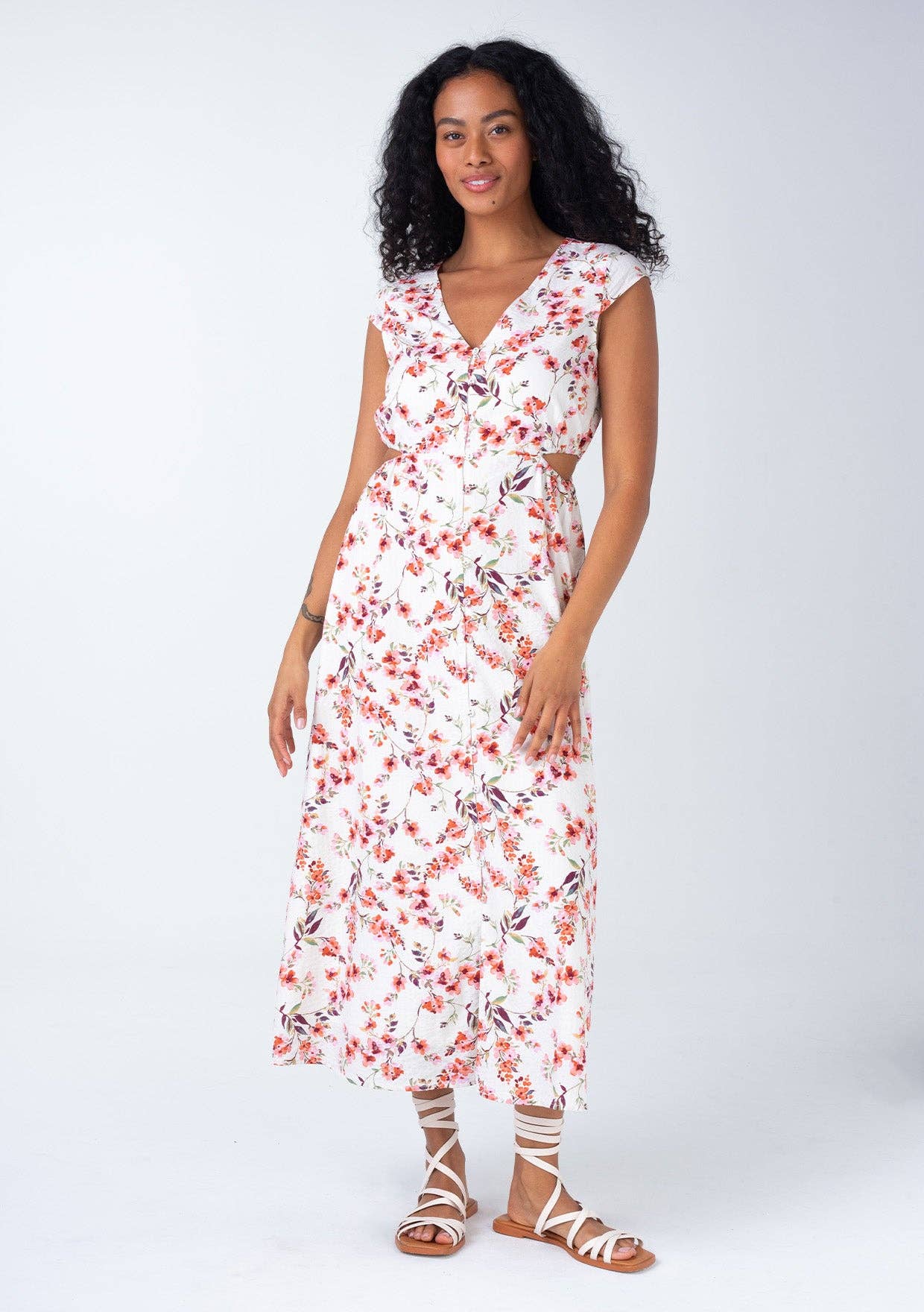 Floral Cap Sleeve Button Down Cut Out Midi Dress • Natural & Rose