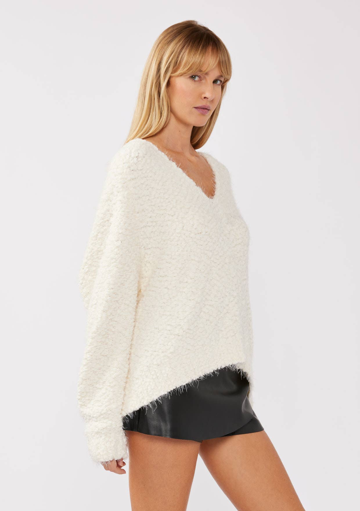Fuzzy V-neck Pullover Sweater • White