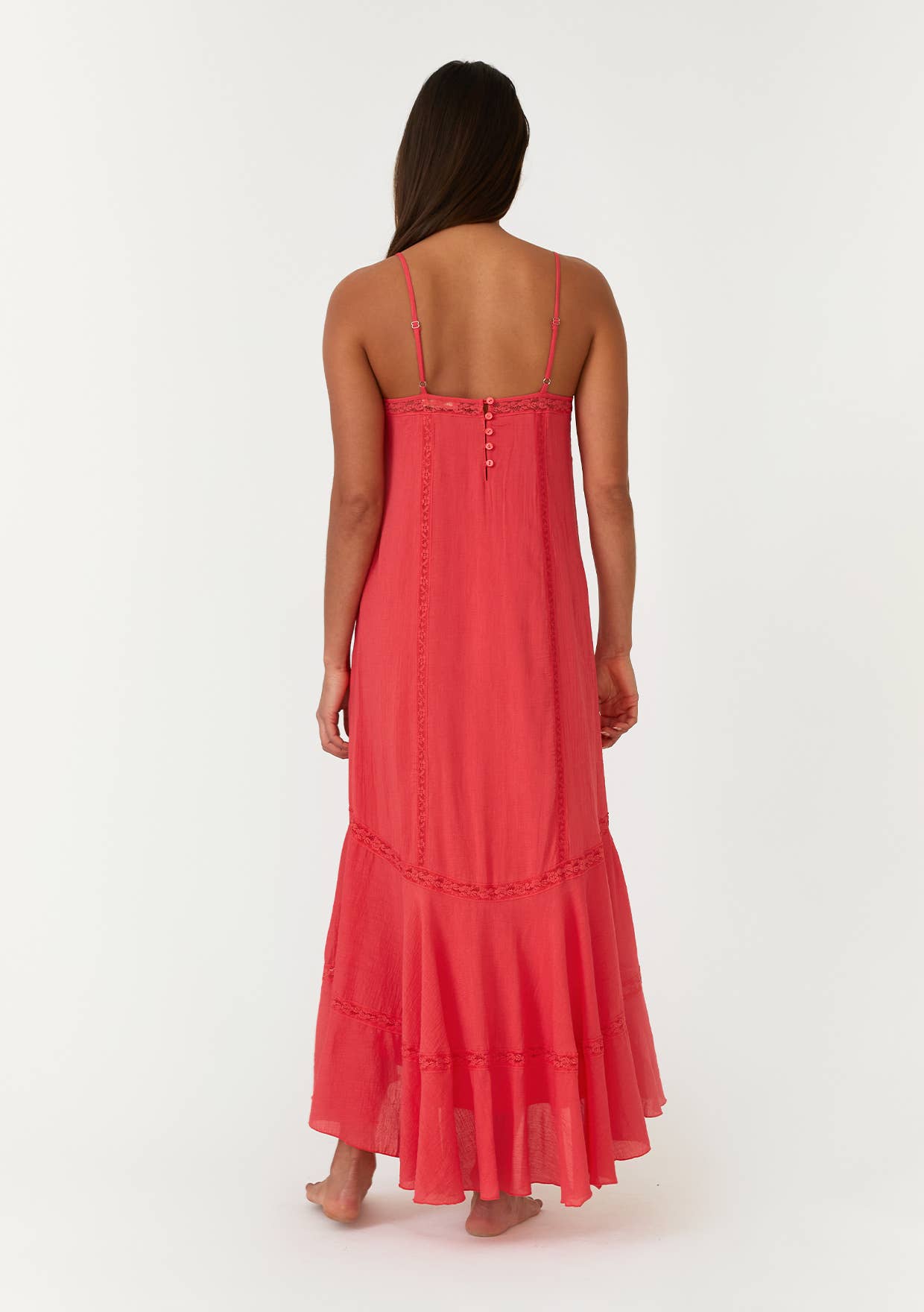 Sleeveless High-Low Lace Maxi Dress • Hibiscus Red