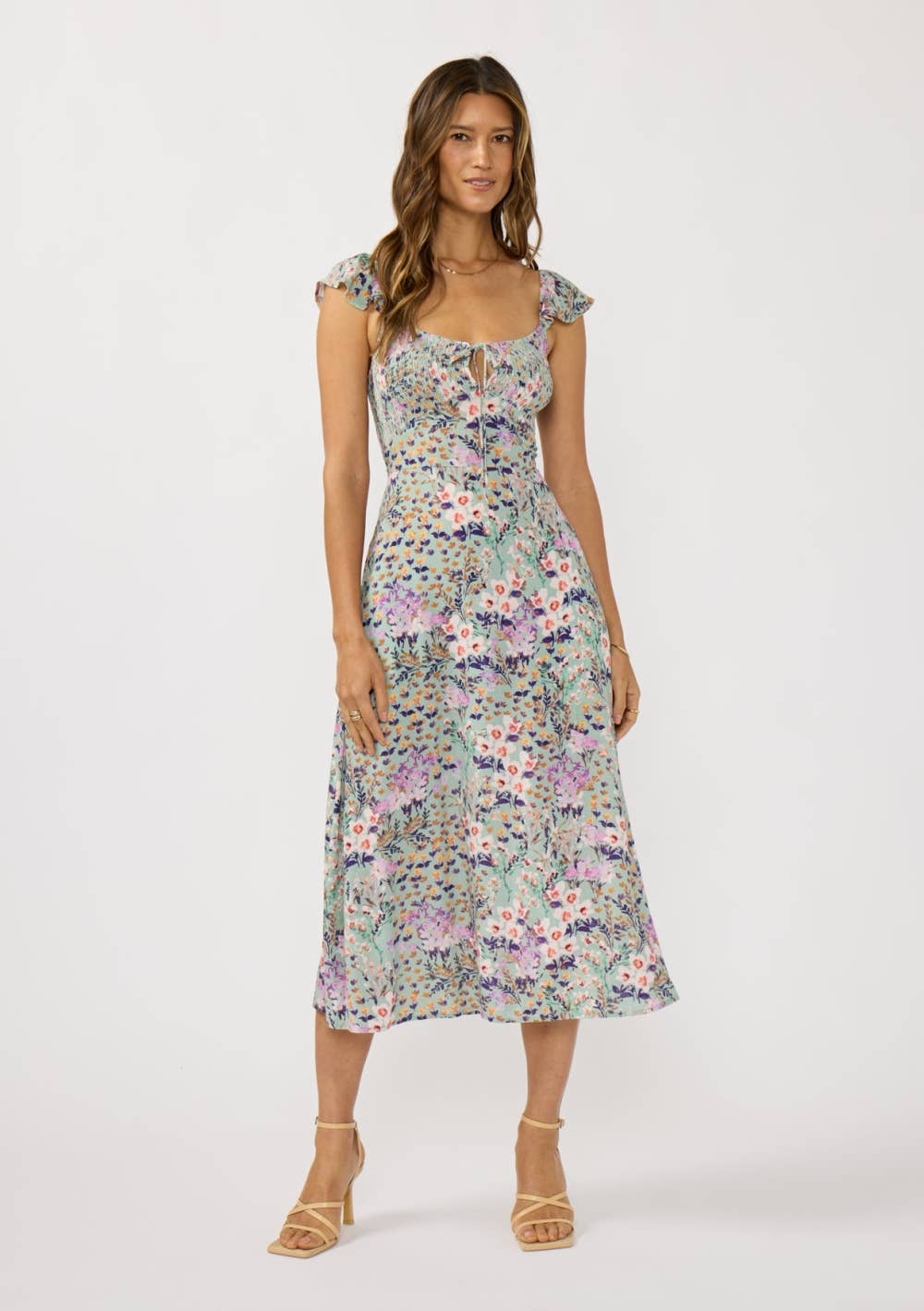 Front Lace Up Smocked Bust Midi Dress • Mint/Lilac