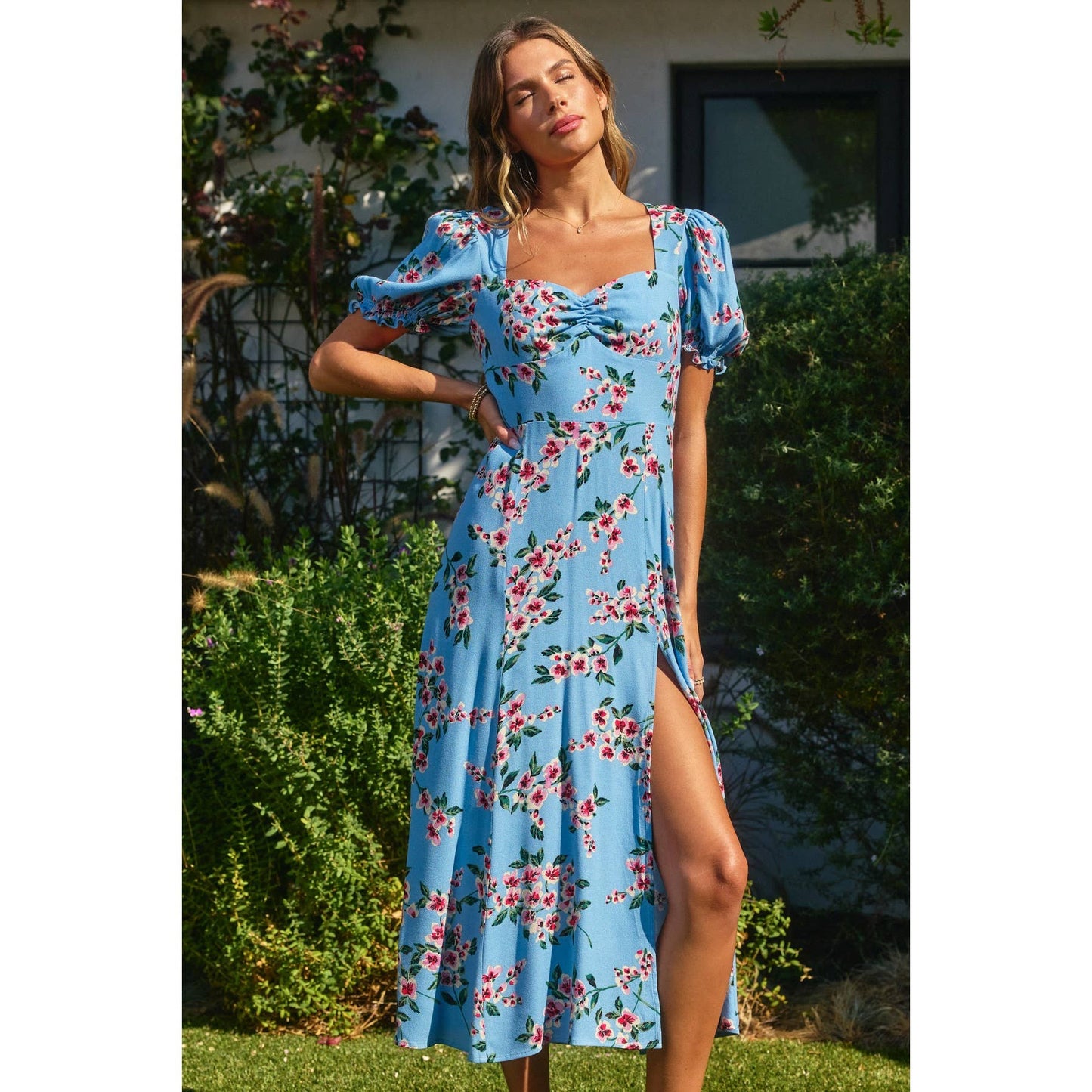 Oasis Sweetheart Slit Floral Dress • Ballad Blue & Magenta