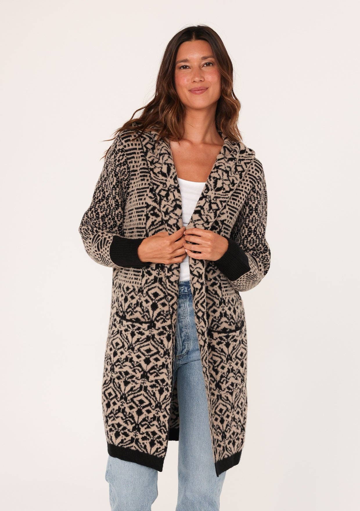 Patchwork Jacquard Hoodie Cardigan • Taupe & Black