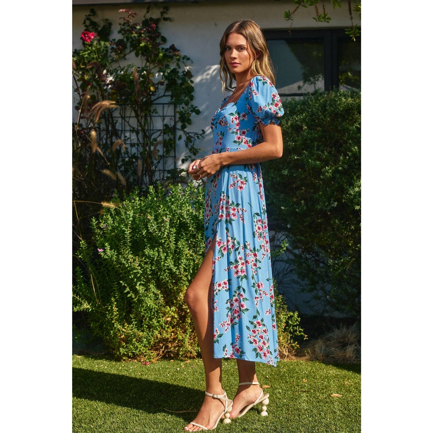 Oasis Sweetheart Slit Floral Dress • Ballad Blue & Magenta