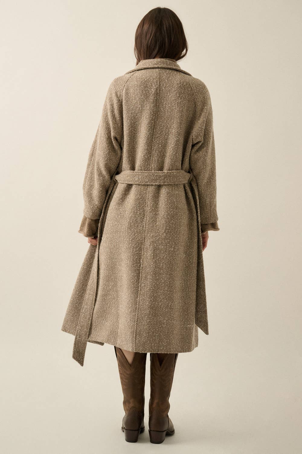 Long Herringbone Tweed Overcoat • Taupe