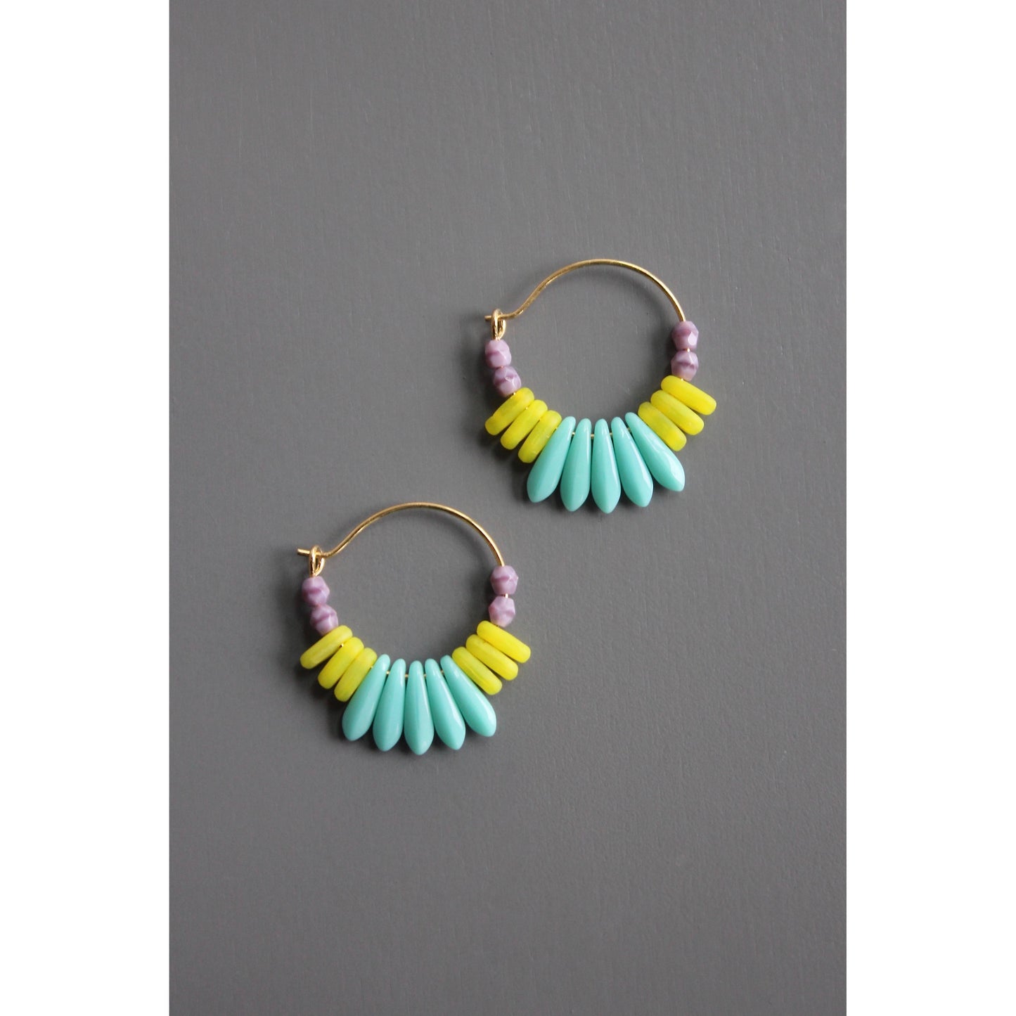 David Aubrey • Small Bead Hoop Earrings • Turquoise Lavender Neon Yellow