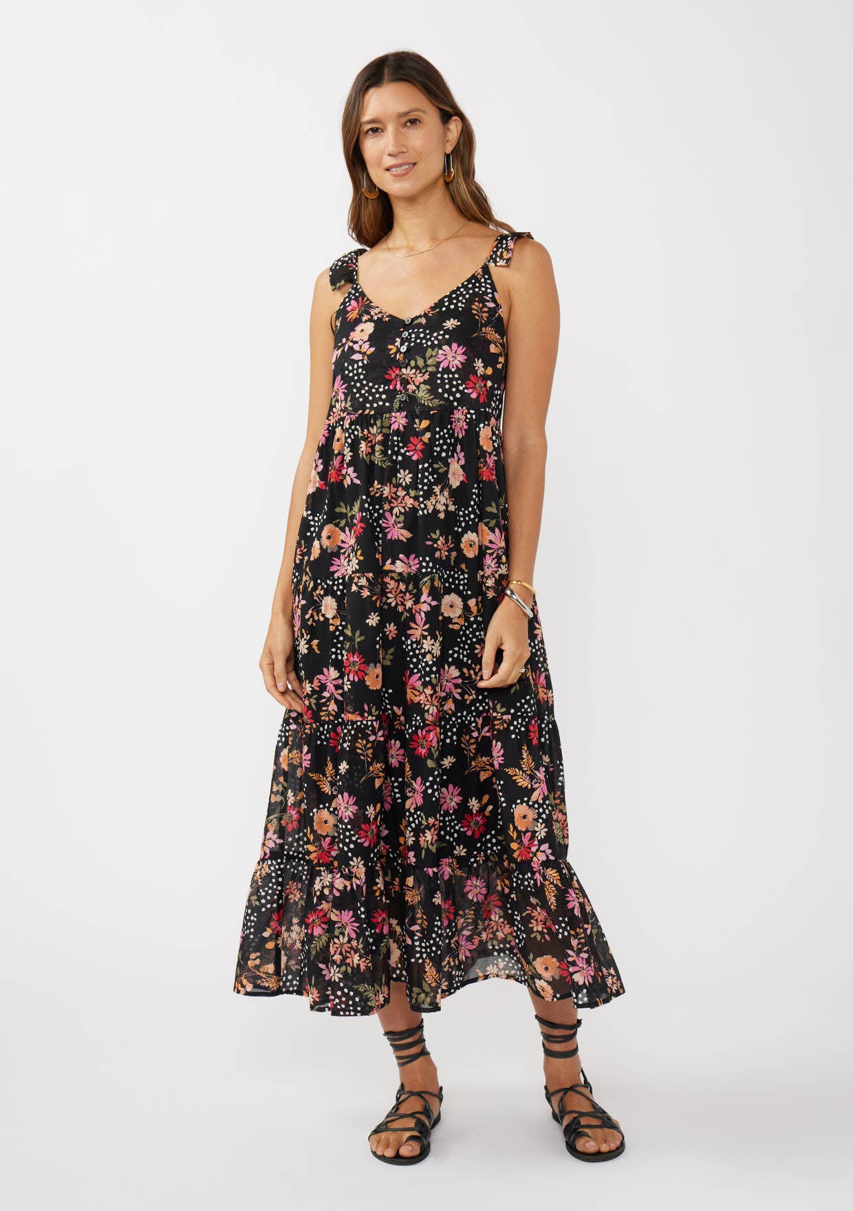 Ruffle Strap V-Neck Tiered Maxi Dress • Black & Dusty Rose
