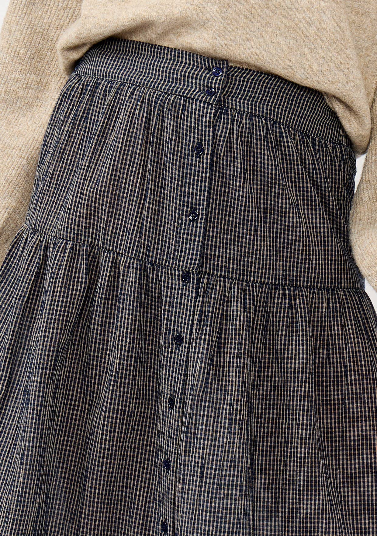 Checkered Button Down Skirt • Navy & Taupe