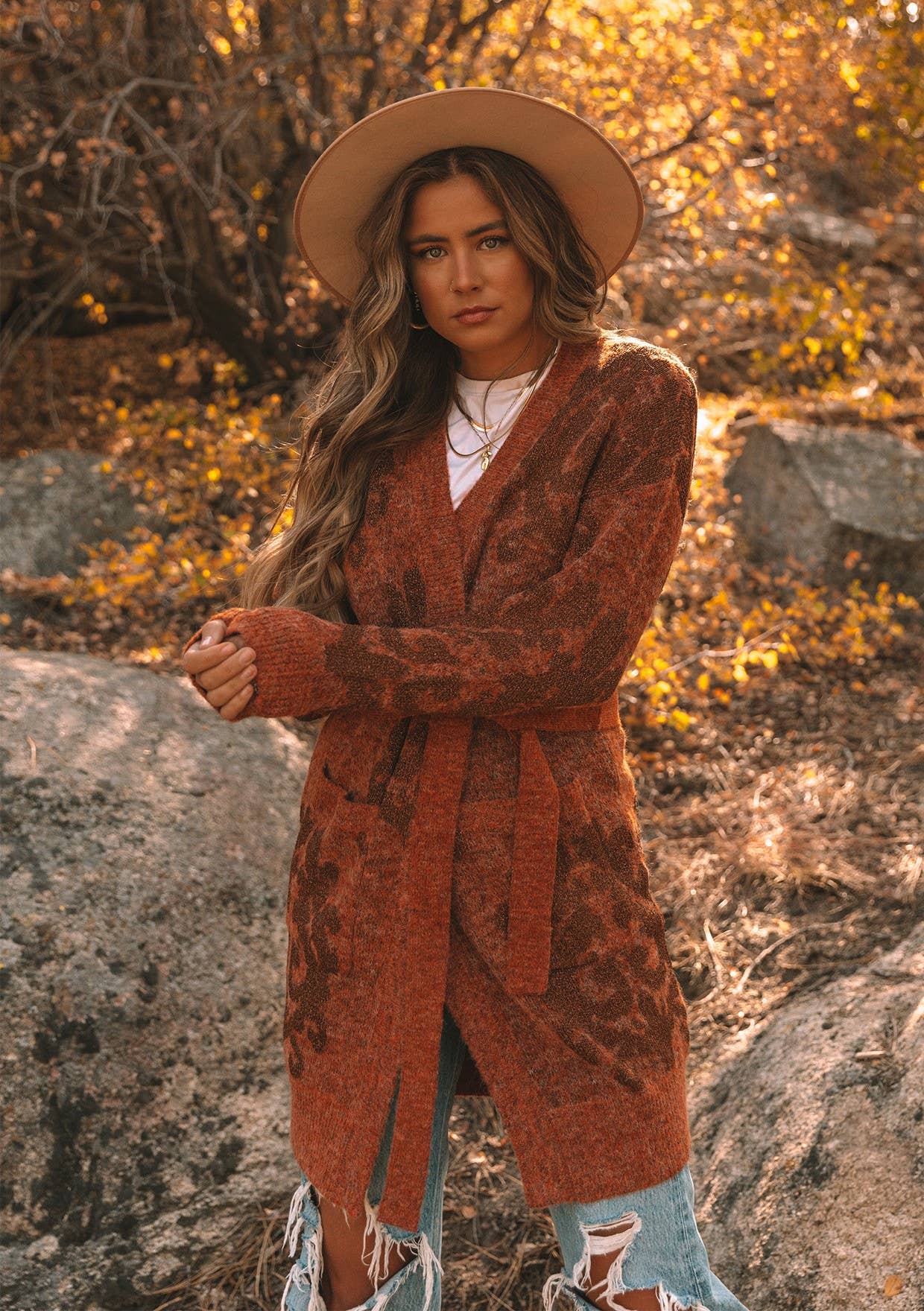 Metallic Floral Belted Cardigan • Rust
