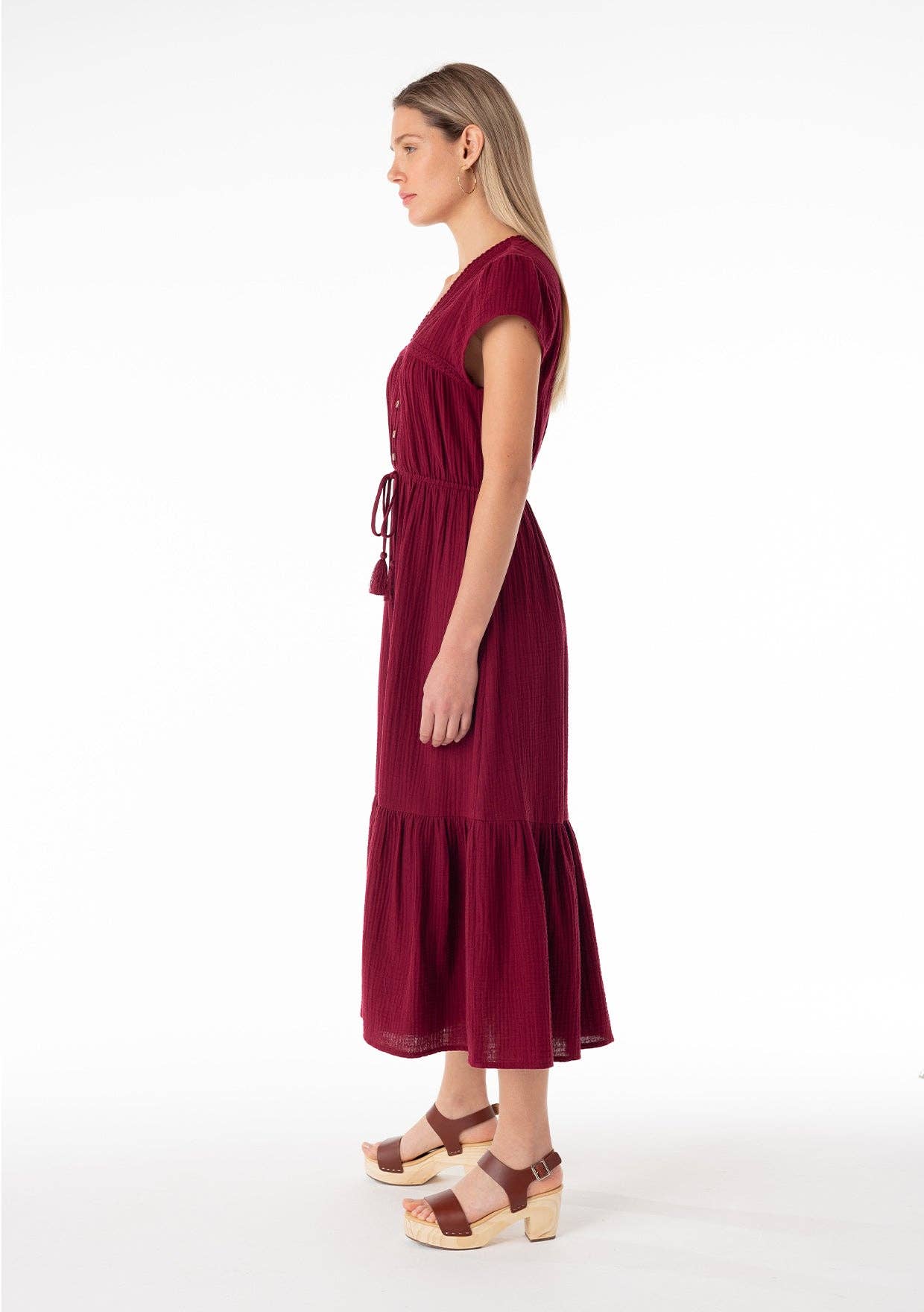 Embroidered Cotton Midi Dress • Merlot Red