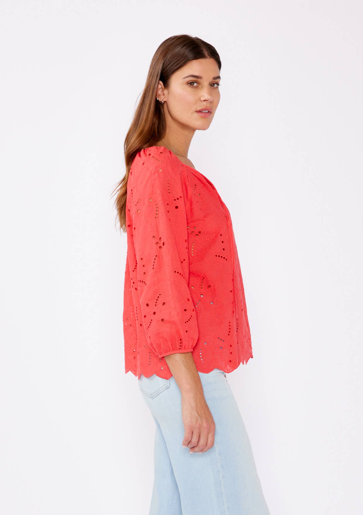 Raglan Long Sleeve Blouse with Floral Eyelet Details • Coral