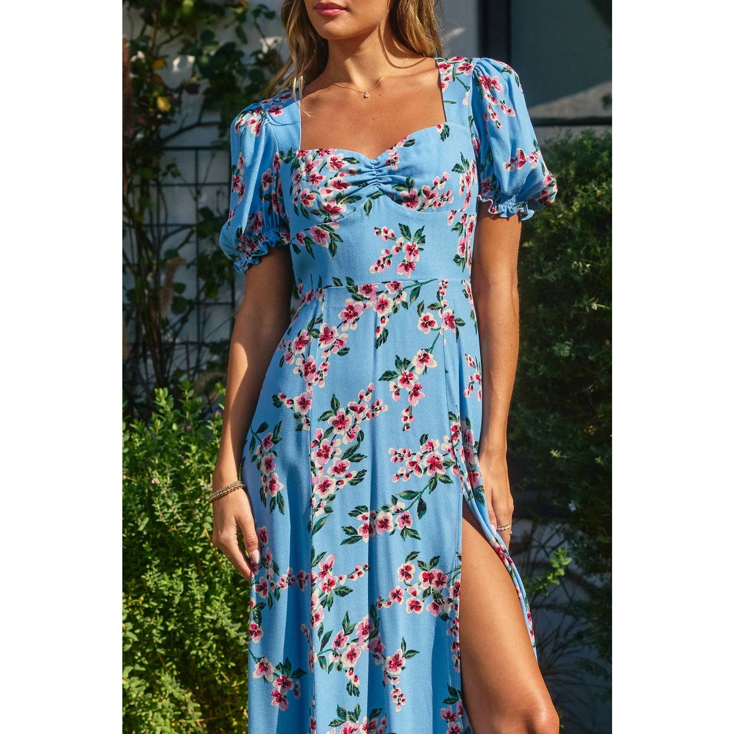 Oasis Sweetheart Slit Floral Dress • Ballad Blue & Magenta