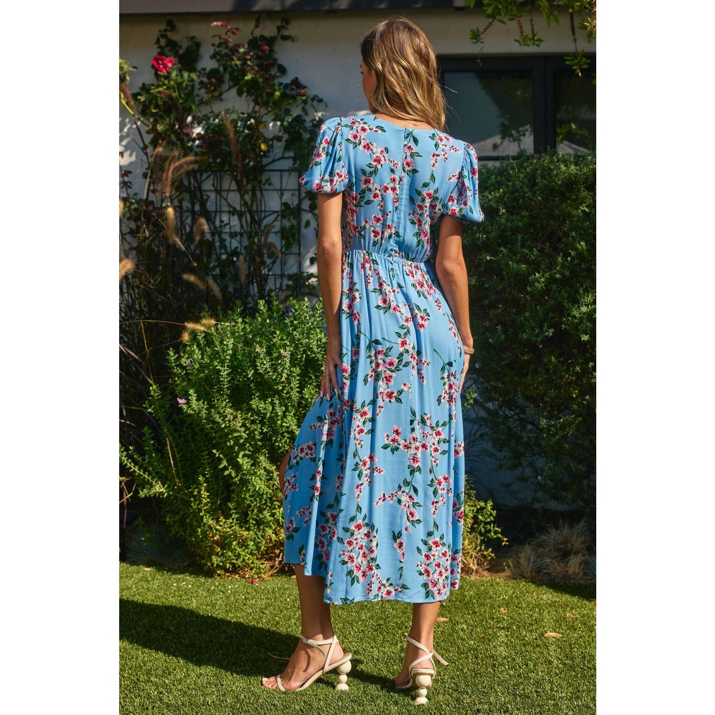 Oasis Sweetheart Slit Floral Dress • Ballad Blue & Magenta
