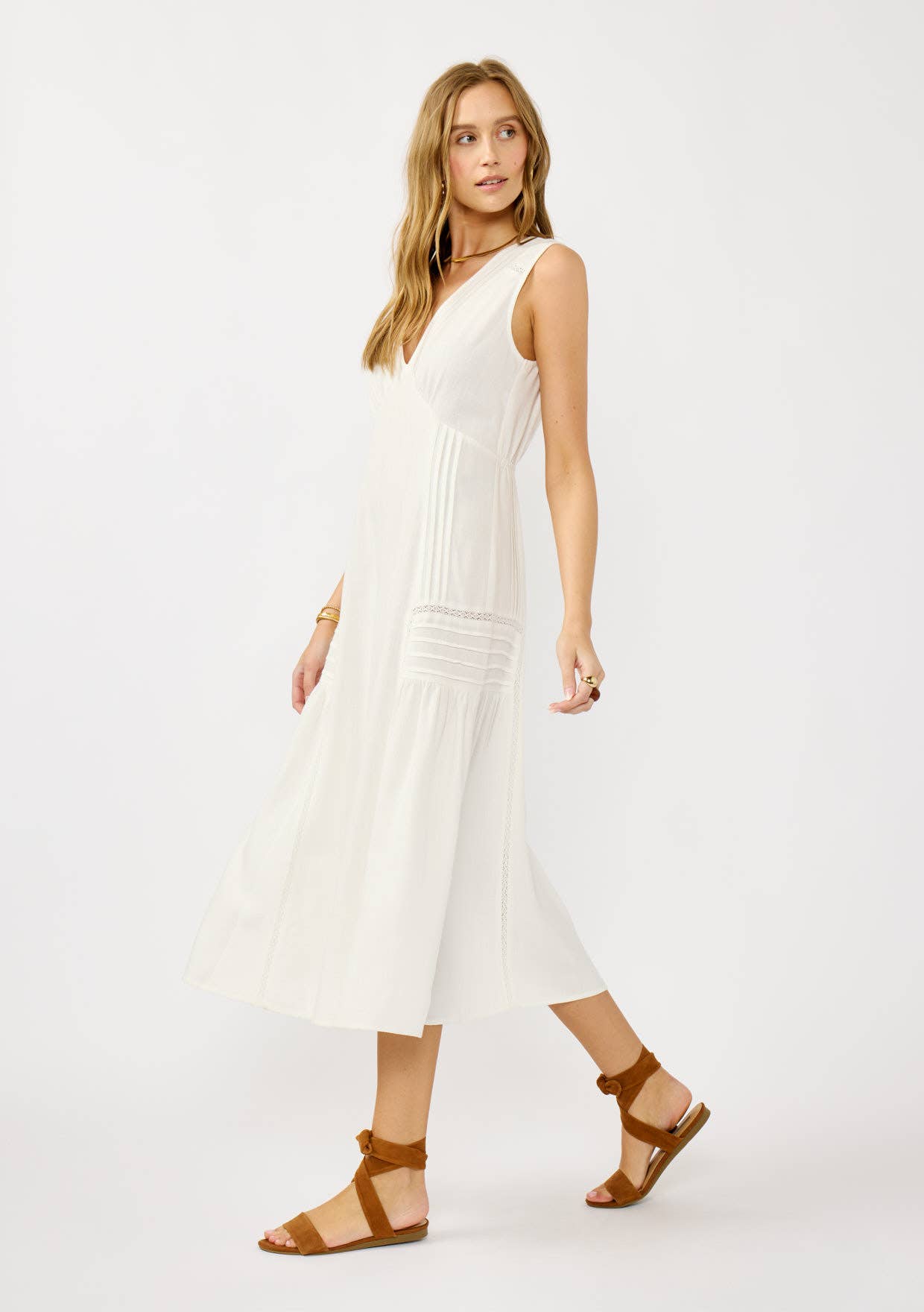 Lace Detail Linen Blend Midi Dress • White