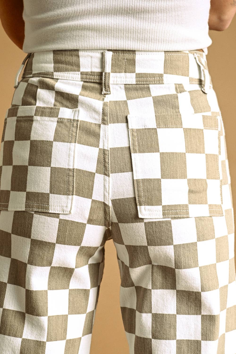 Wide Leg Checker Board Denim • Tan & White