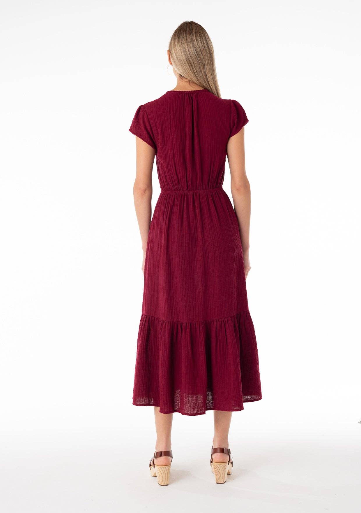 Embroidered Cotton Midi Dress • Merlot Red