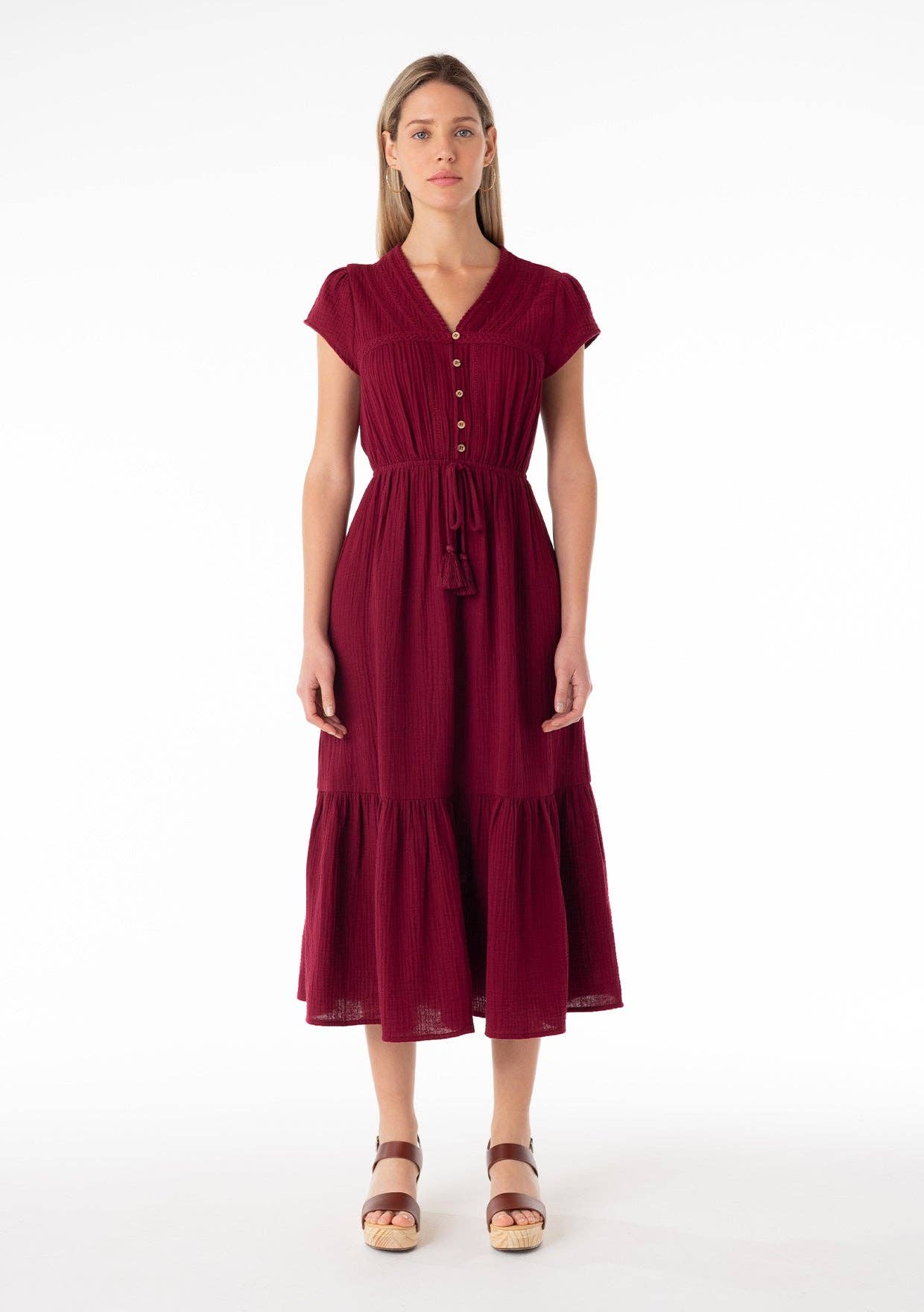 Embroidered Cotton Midi Dress • Merlot Red