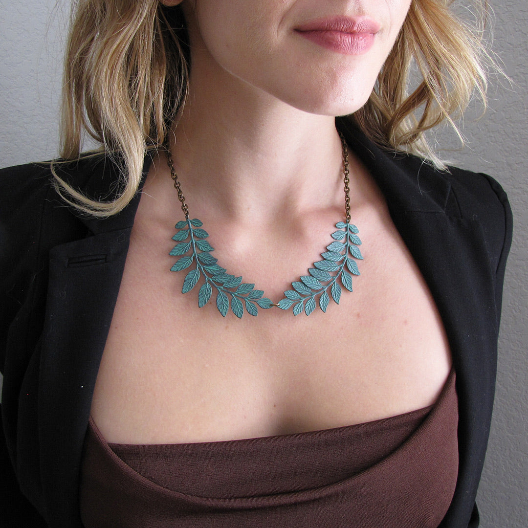 Ornamental Things • Leafy Collar Statement Necklace • Verdigris Patina Brass