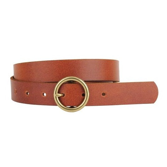 Brass Circle Buckle Leather Belt • Tan