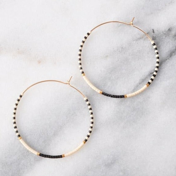 Seamless Seed Bead Hoop Earrings • 14K Gold Fill • Monochrome Black White Gold