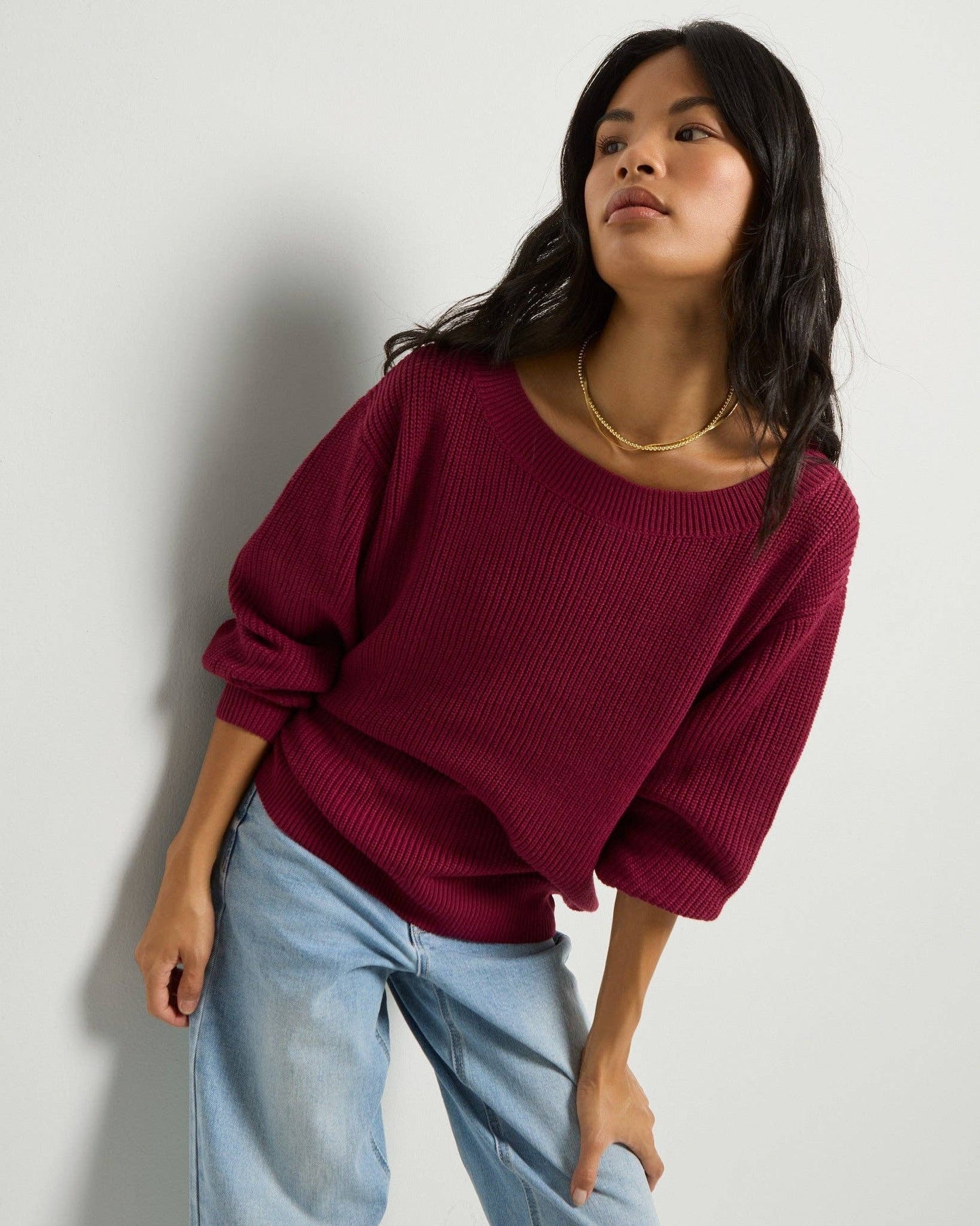 Coastal One Shoulder Sweater • Cabernet Red