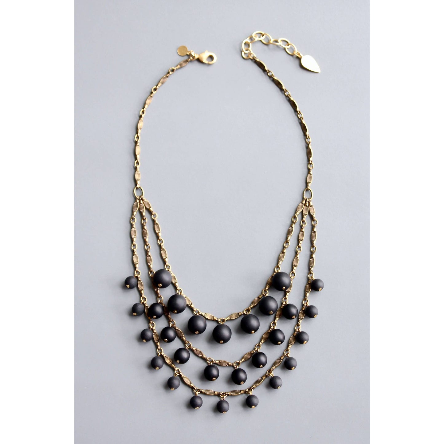 Beaded Glass Bib Statement Necklace Matte Jet Black