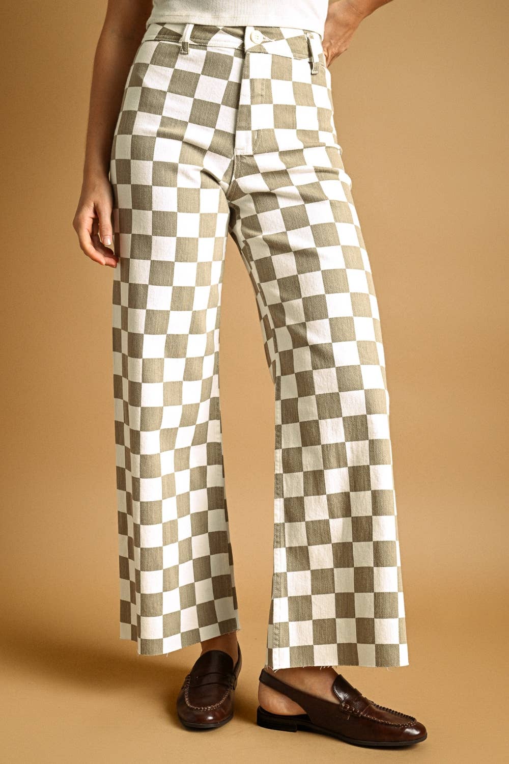 Wide Leg Checker Board Denim • Tan & White