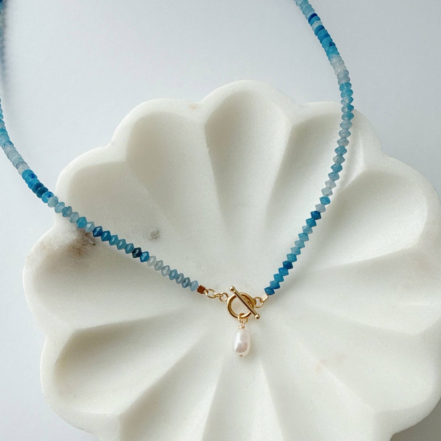 Crete Blue Aventurine Pearl Toggle Necklace • Gold Filled