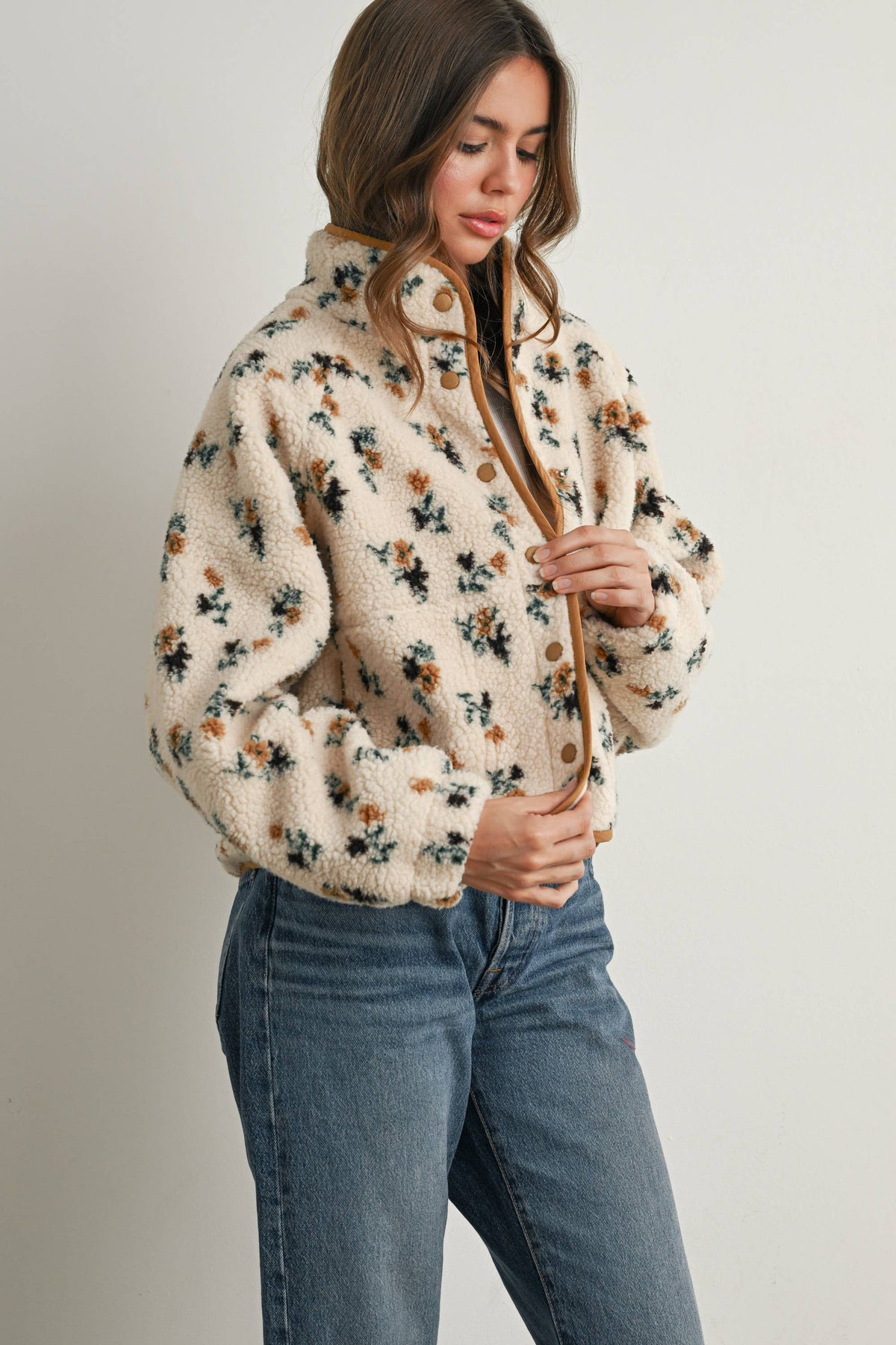 Floral Sherpa Fleece Jacket • Khaki & Cream