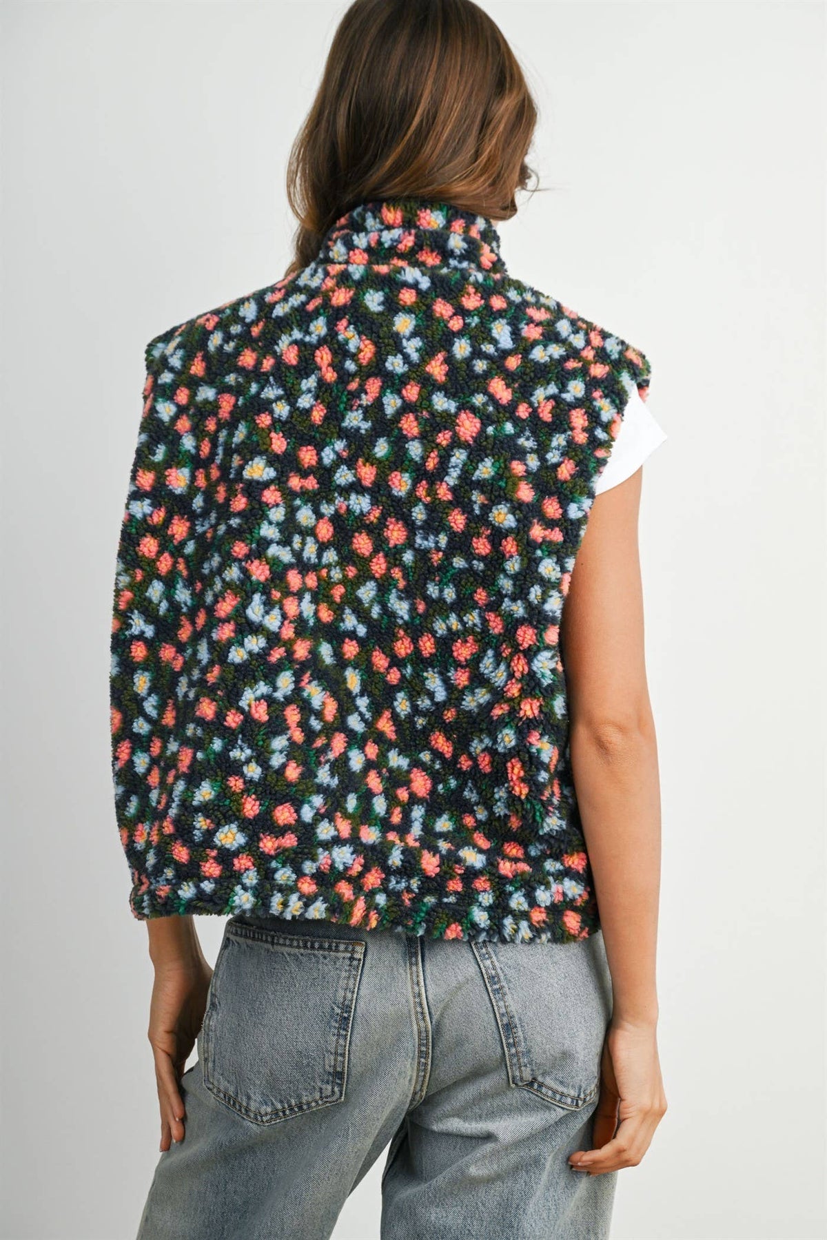 Ditsy Floral Sherpa Fleece Vest • Olive