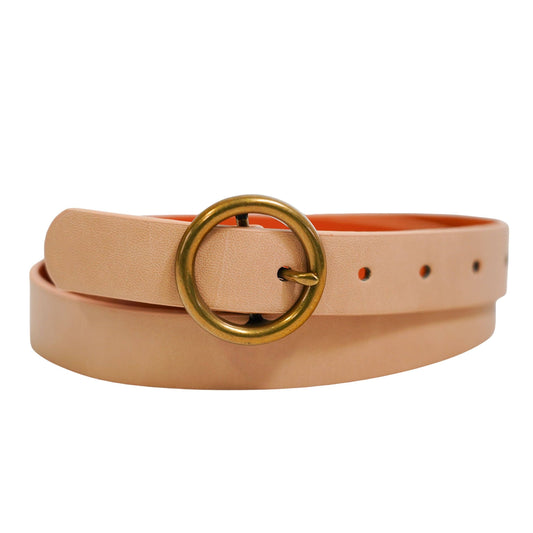 Brass-Toned Circle Buckle Leather Belt: Taupe / S