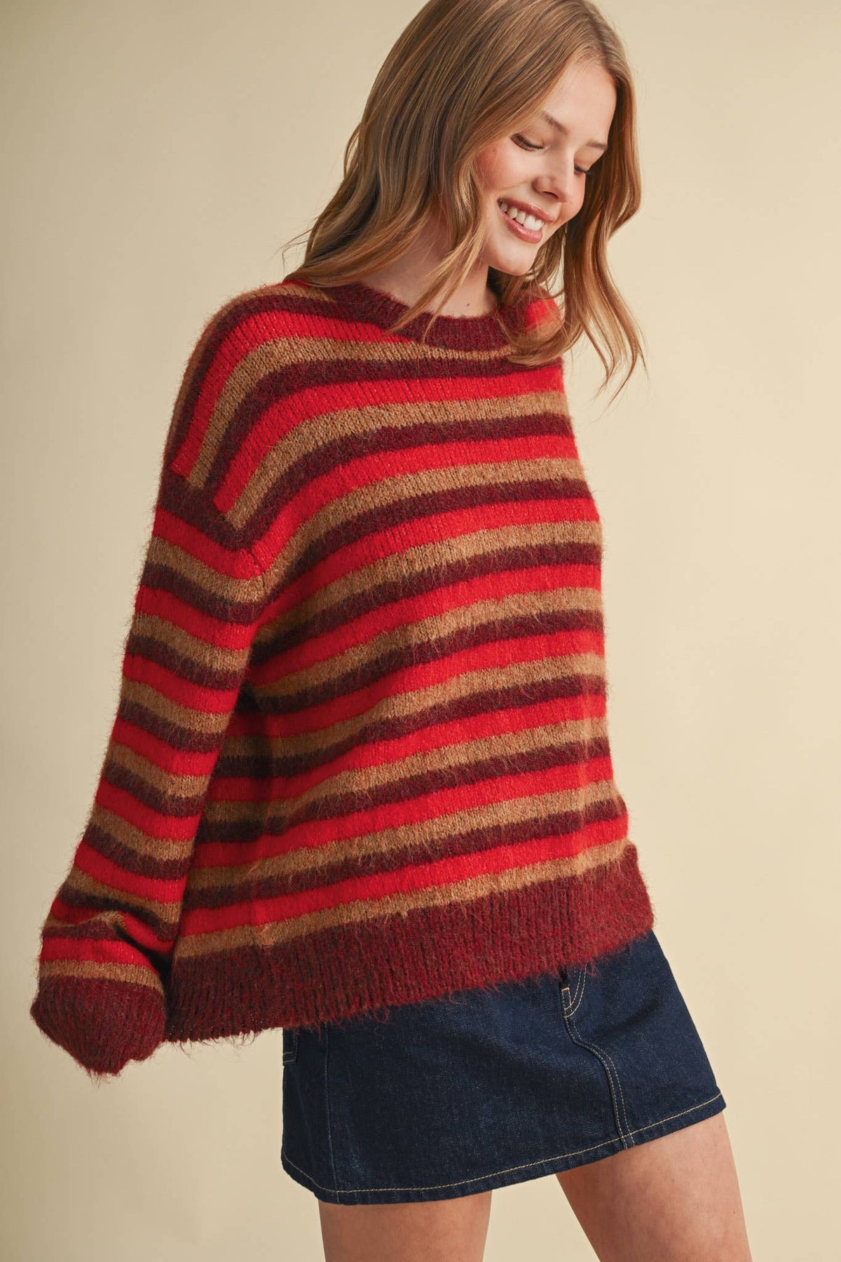 Striped Marled Sweater • Red Burgundy Tan