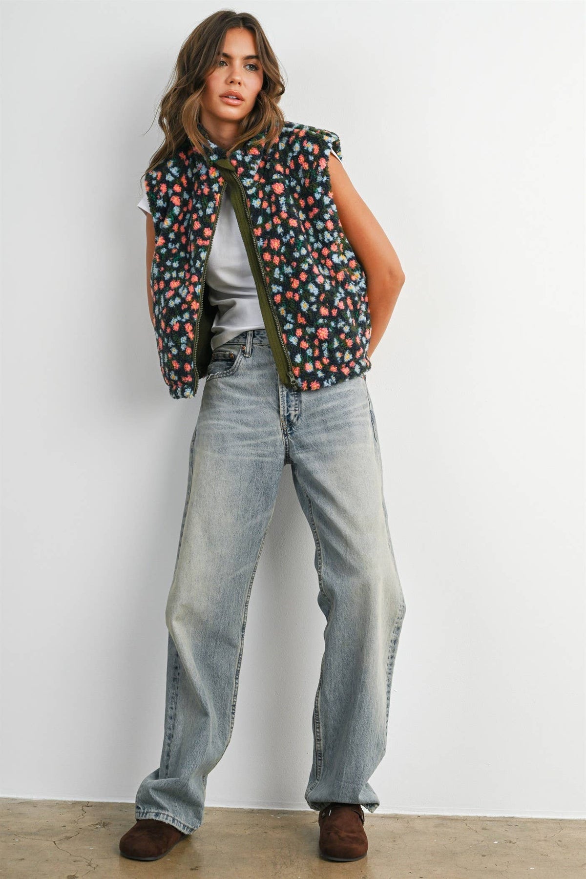 Ditsy Floral Sherpa Fleece Vest • Olive