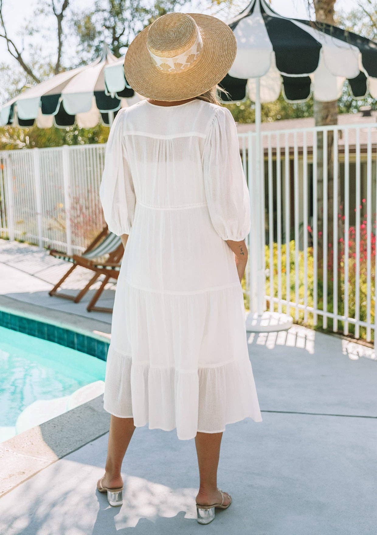 Boho Chic Cotton Gauze Balloon Sleeve Midi Dress: White / L