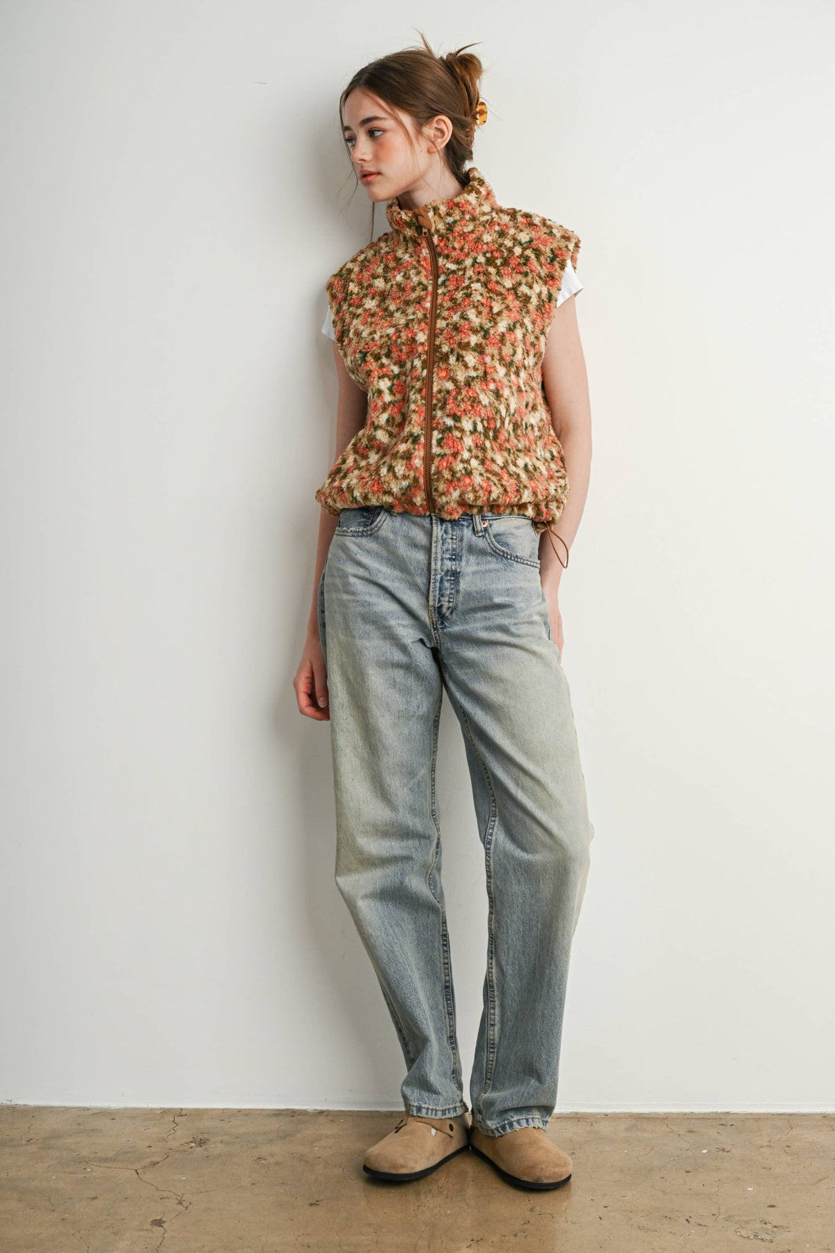 Ditsy Floral Sherpa Fleece Vest • Tan