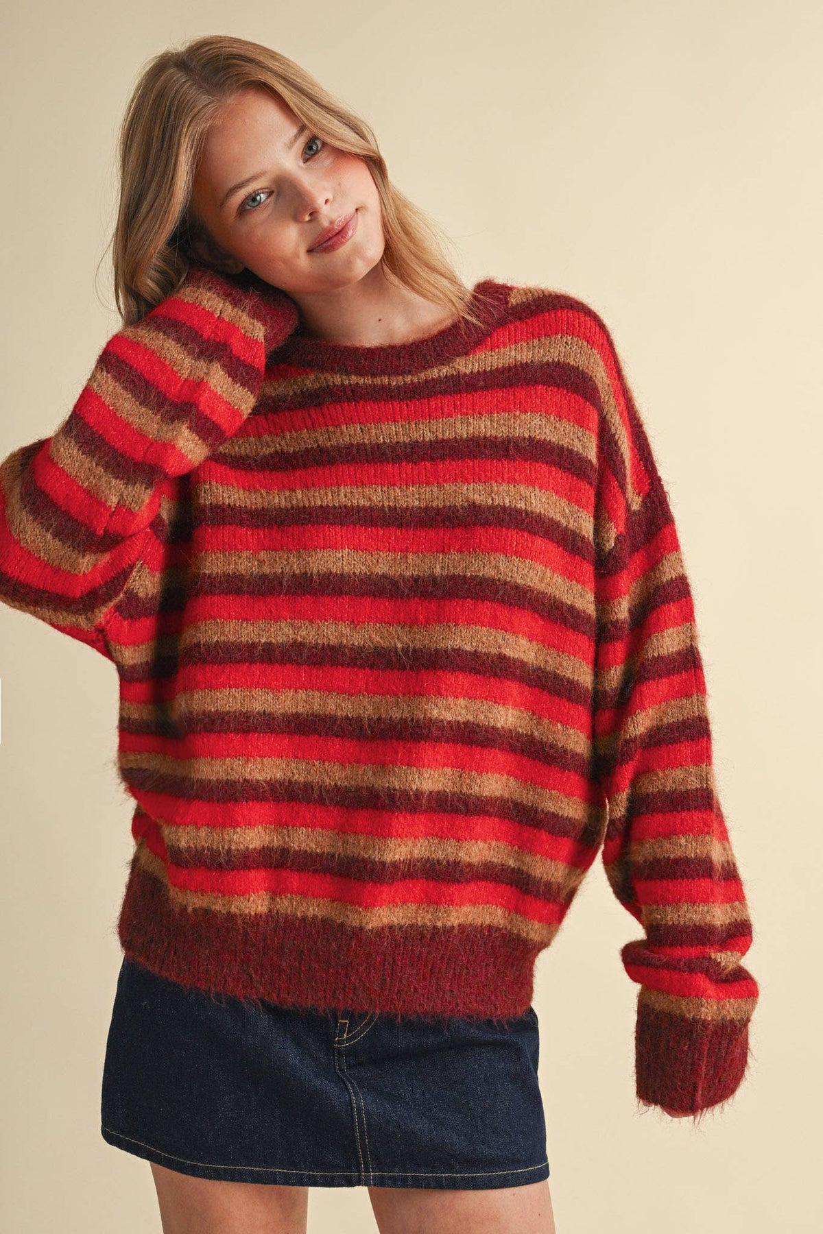 Striped Marled Sweater • Red Burgundy Tan