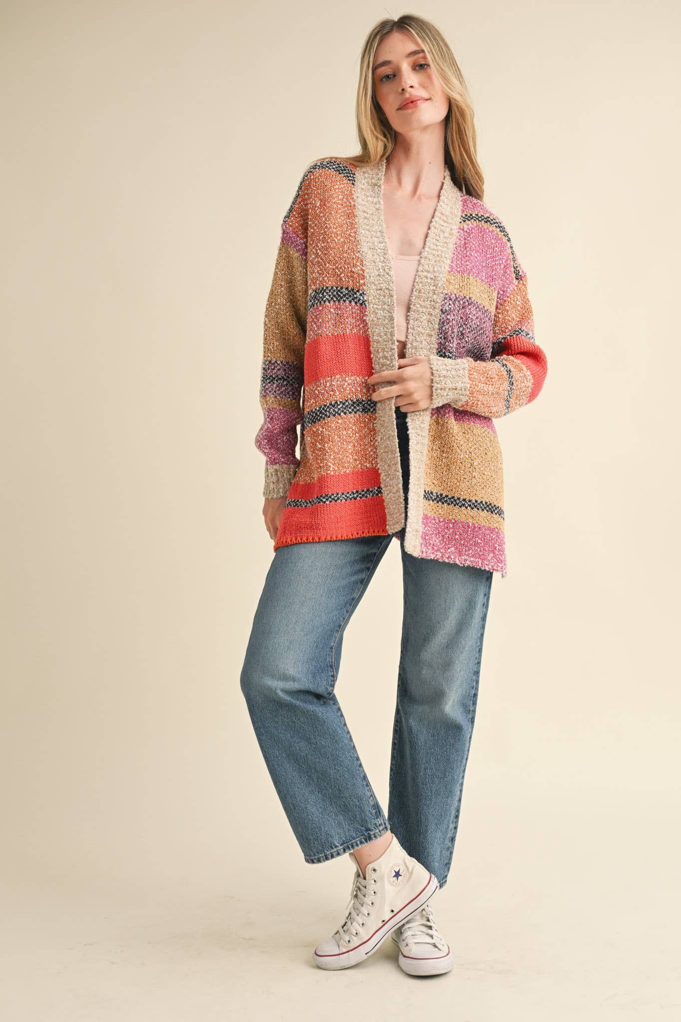 Color Block Cardigan Multi Colored Fuchsia Mustard