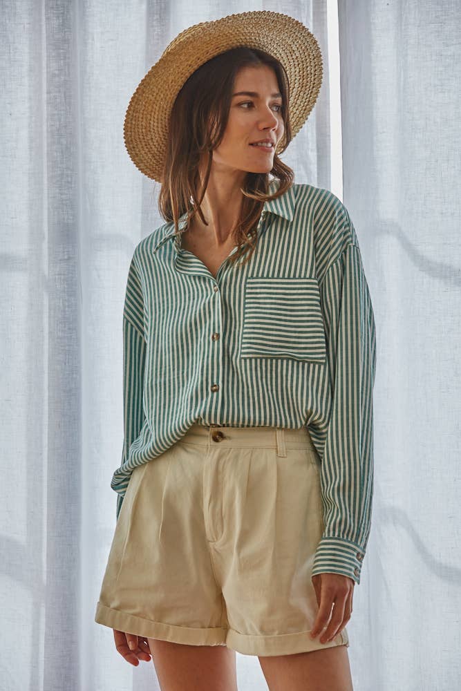 Vincent Stripe Button Down Blouse • Green & White