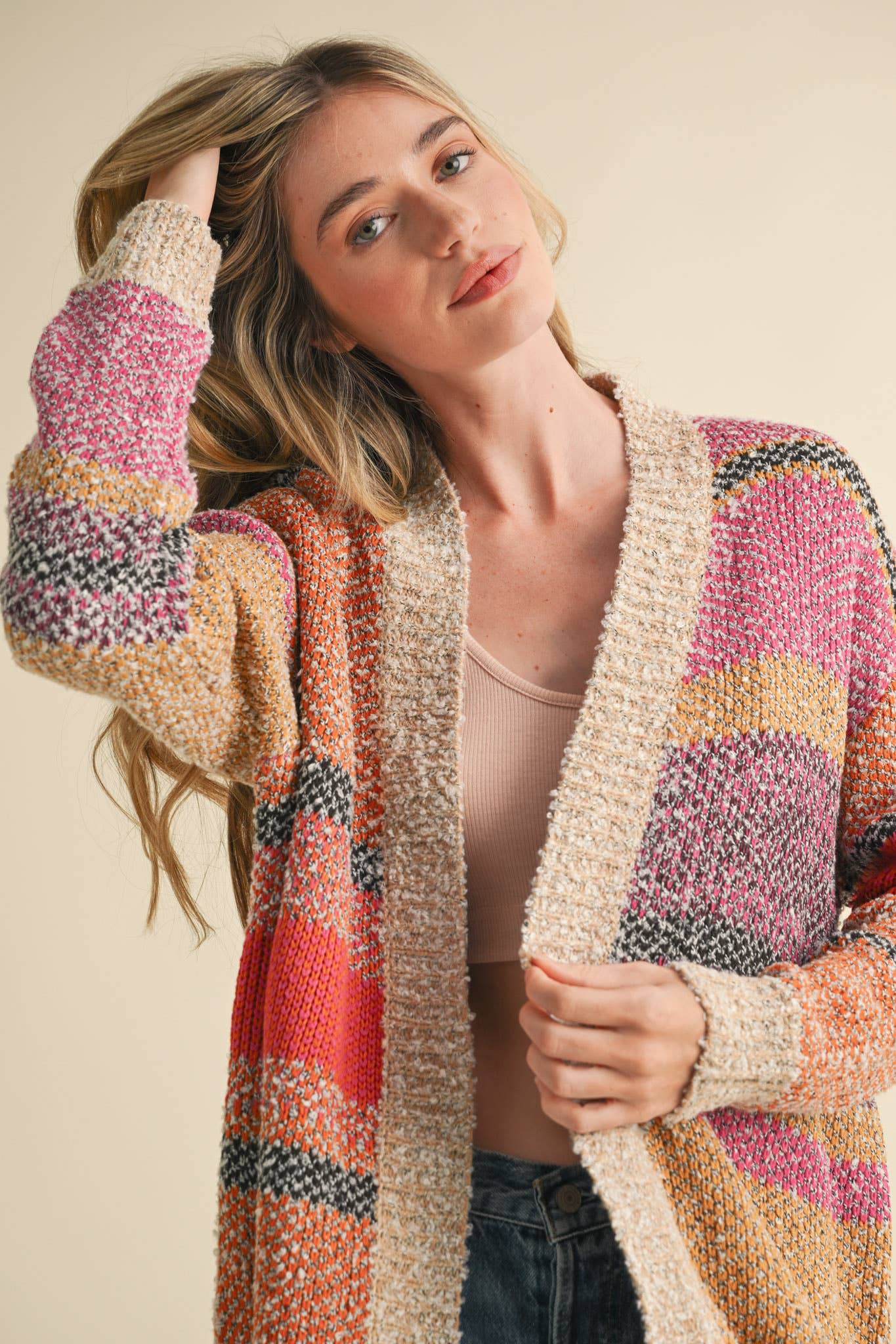 Color Block Cardigan Multi Colored Fuchsia Mustard