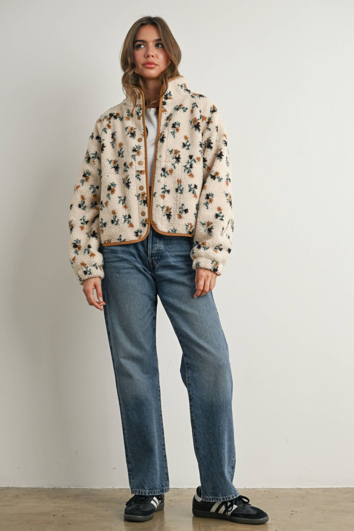 Floral Sherpa Fleece Jacket • Khaki & Cream