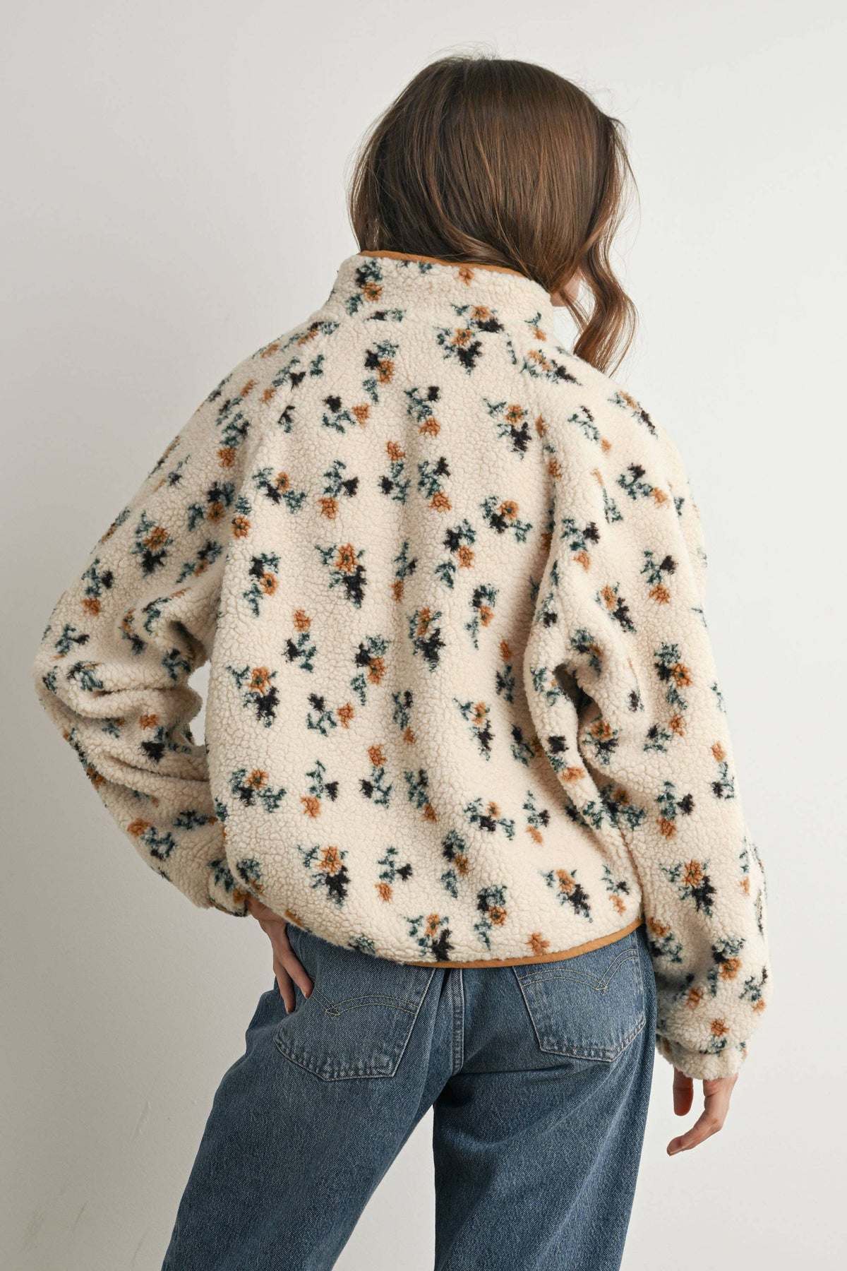 Floral Sherpa Fleece Jacket • Khaki & Cream