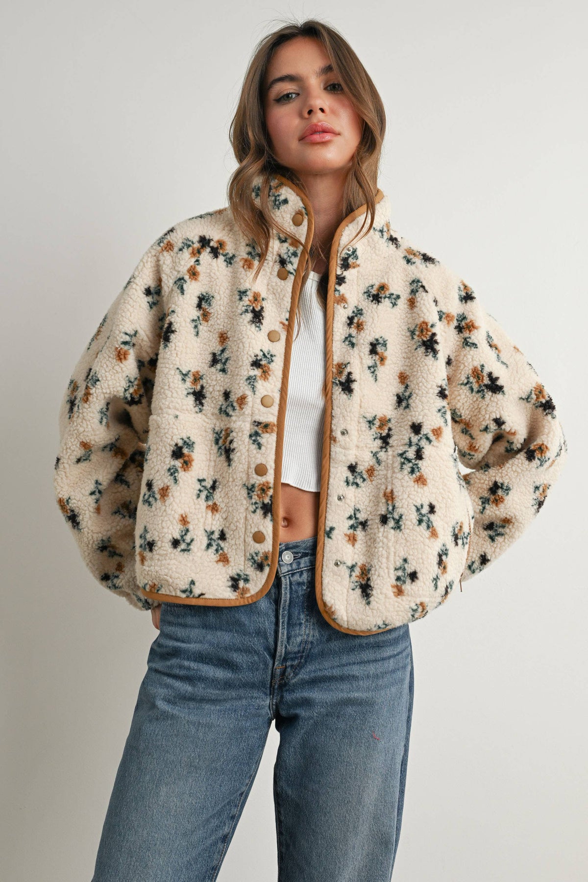 Floral Sherpa Fleece Jacket • Khaki & Cream