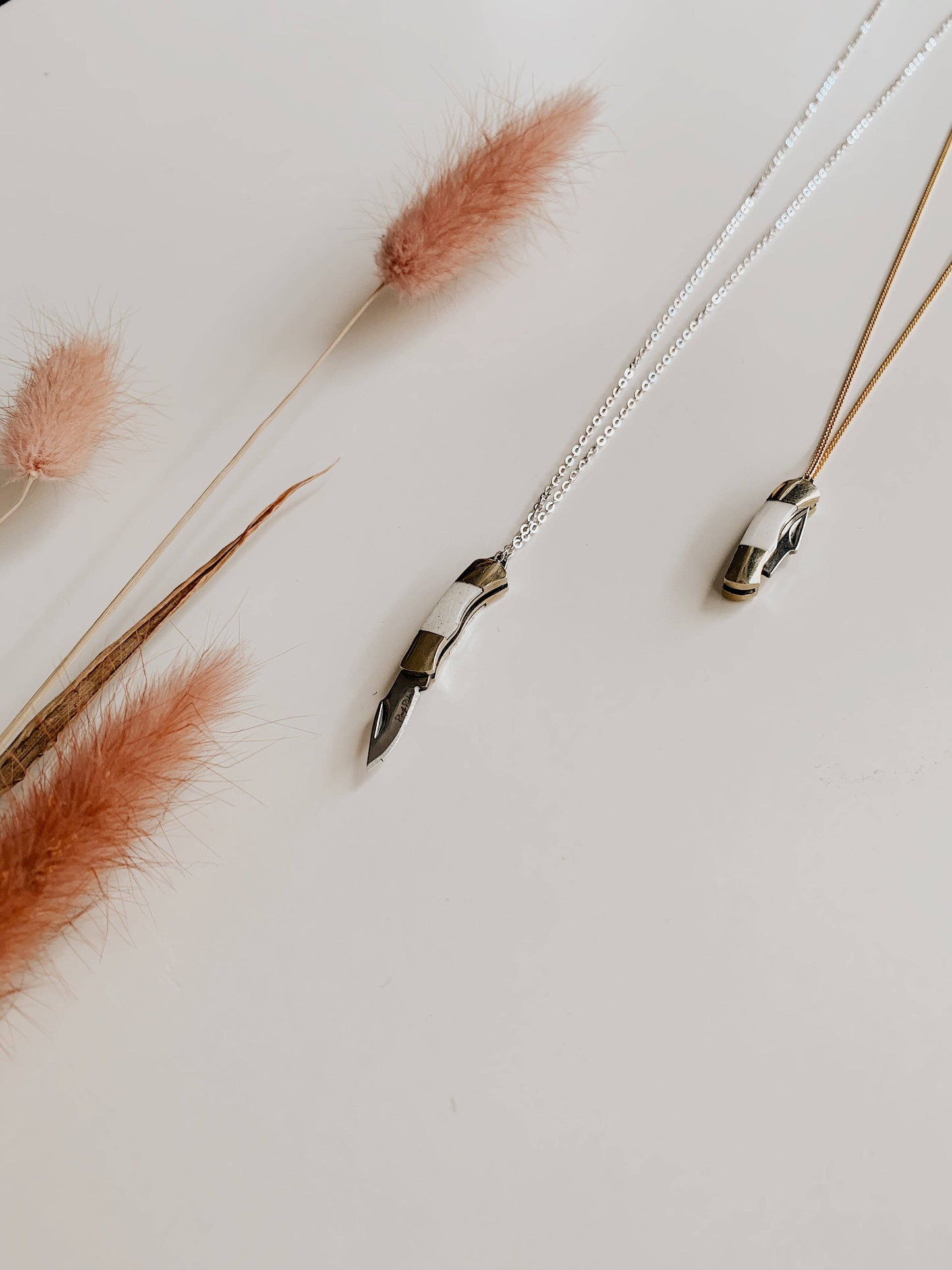 Miniature Mother of Pearl Pocket Knife Necklace • Brass