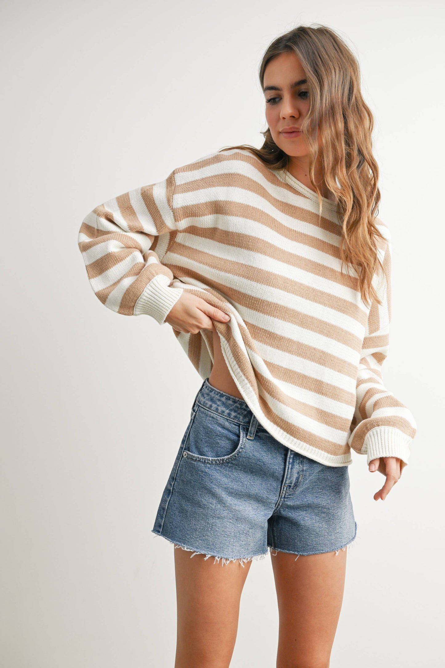 Oversized Boxy Stripe Sweater • Taupe & Ivory