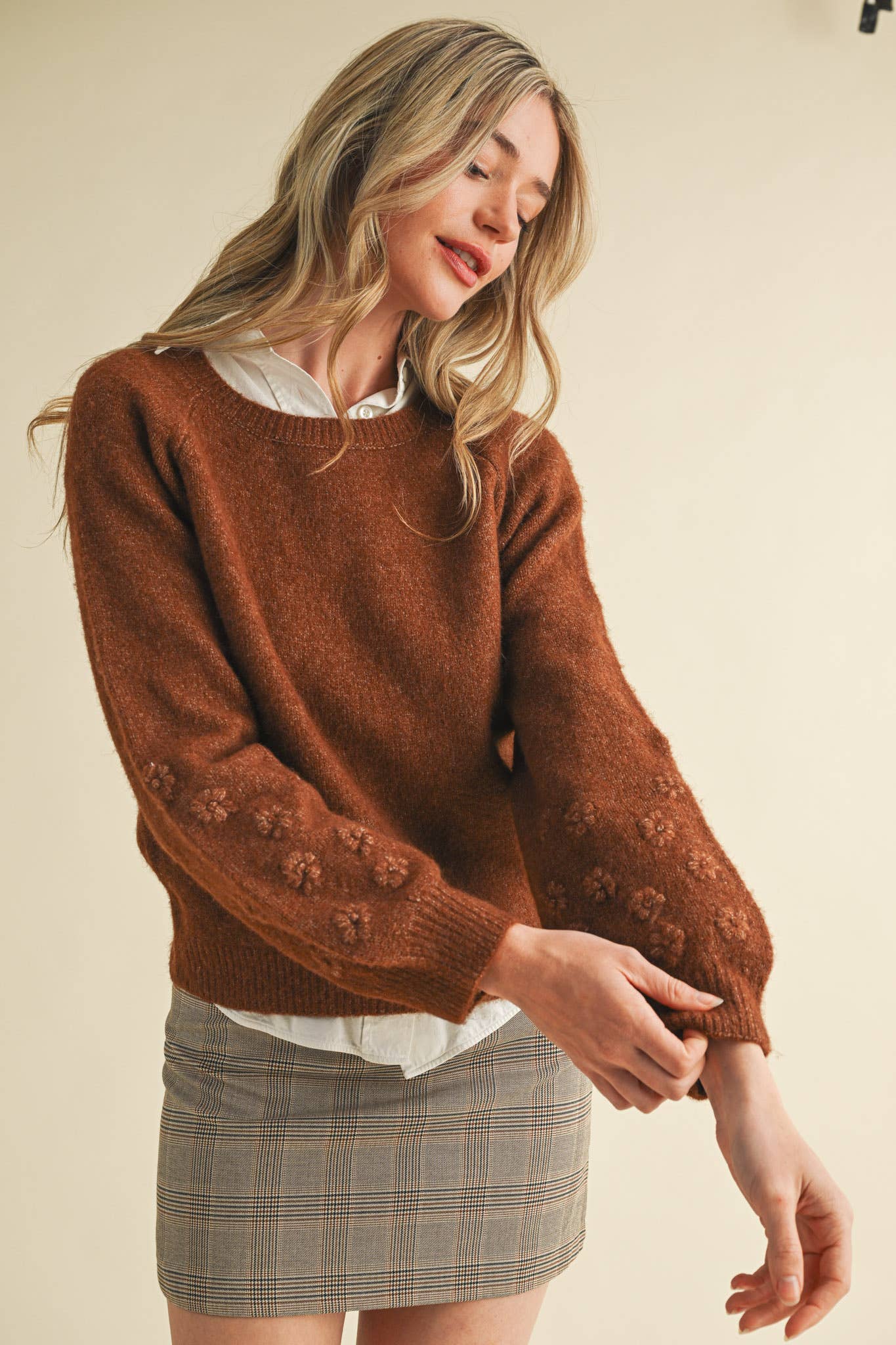 Floral Puff Sleeve Sweater Brown