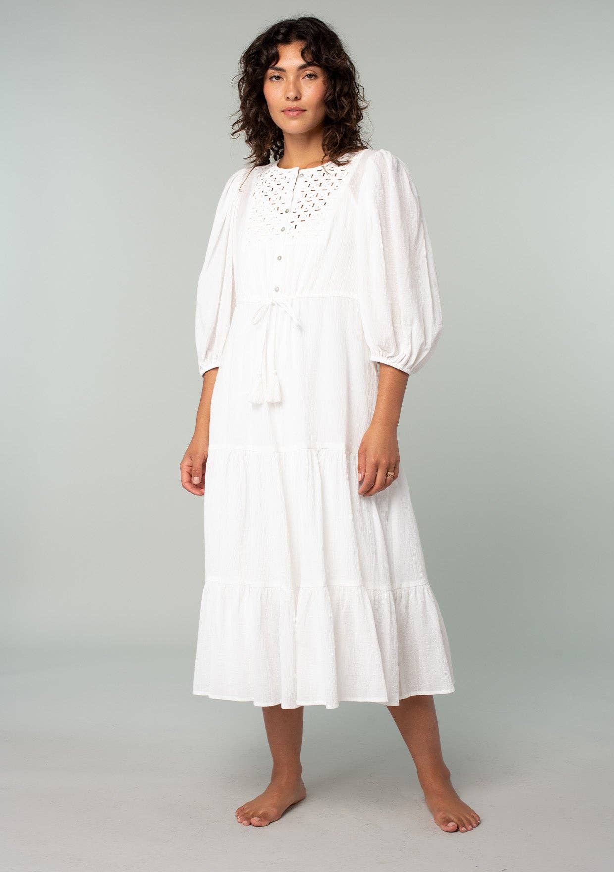 Boho Chic Cotton Gauze Balloon Sleeve Midi Dress: White / L